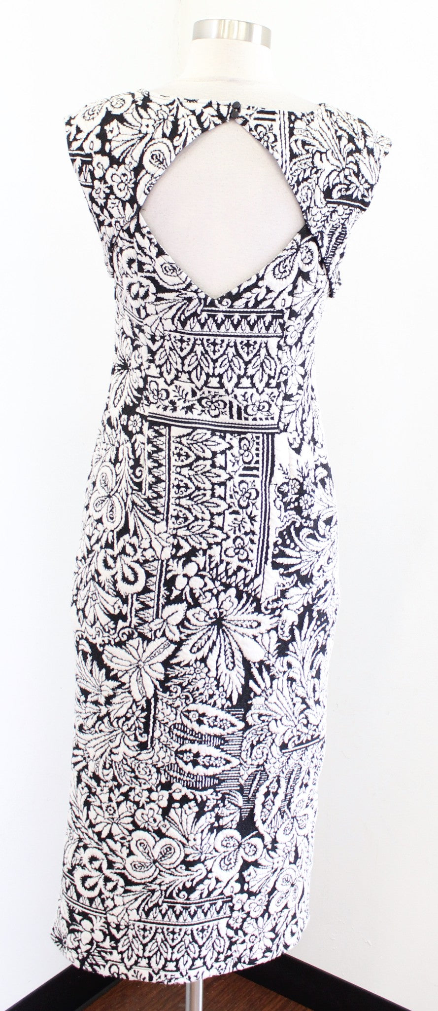 NWT by Anthropologie Black White Floral Jacquard Cutout Midi Dress Size XS