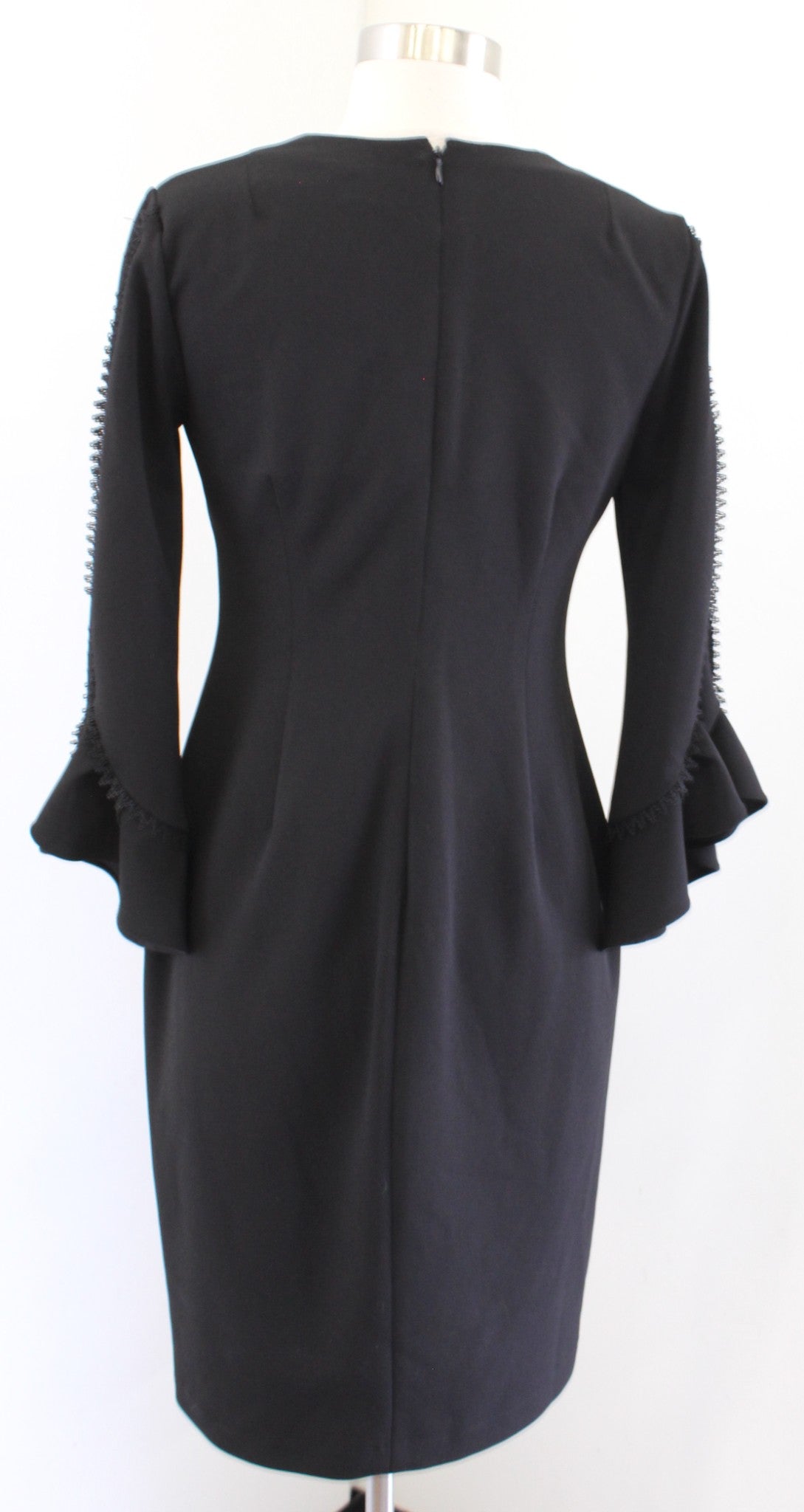 Calvin Klein Solid Black Ruffle Sleeve Lace Trim V Neck Sheath Dress Size 4