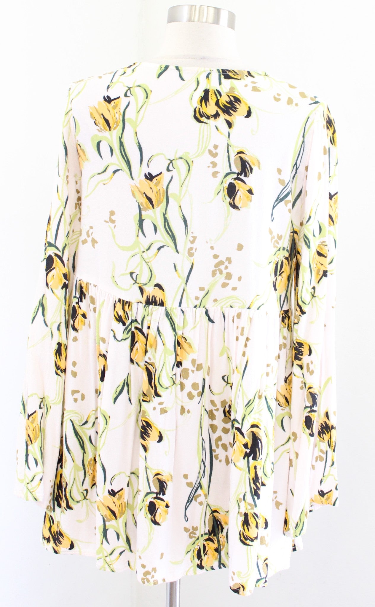 Free People Bella Cream Floral V Neck Long Sleeve Tunic Top Blouse Size XS Boho