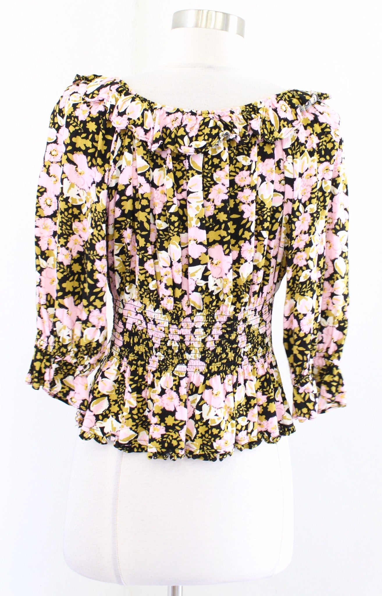 Free People Sweet Memories Floral Ruffle Smocked Top Blouse Size S Cropped Black