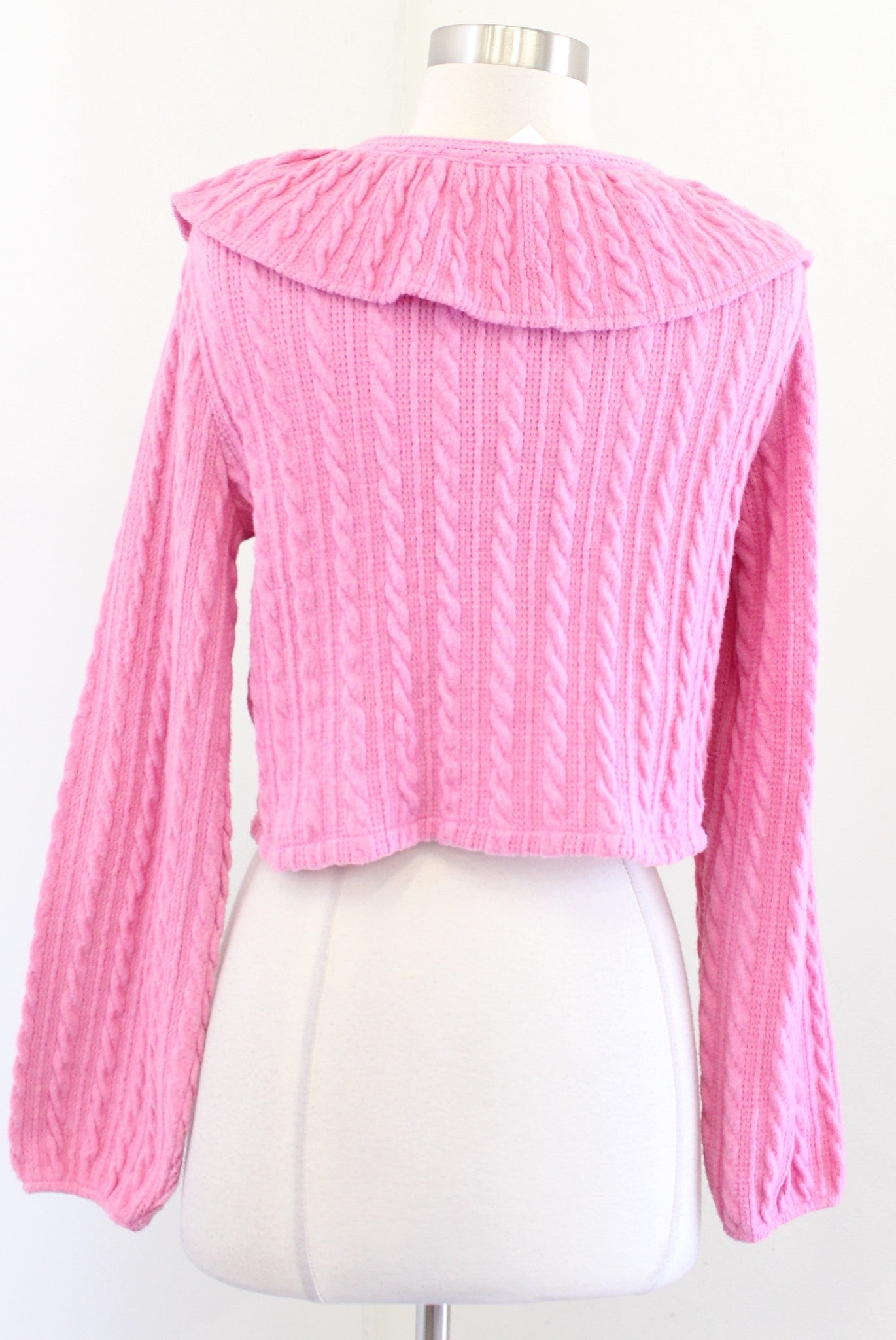 NWT Zara Pink Ruffle Floral Embroidered Cropped Cable Cardigan Sweater Size L