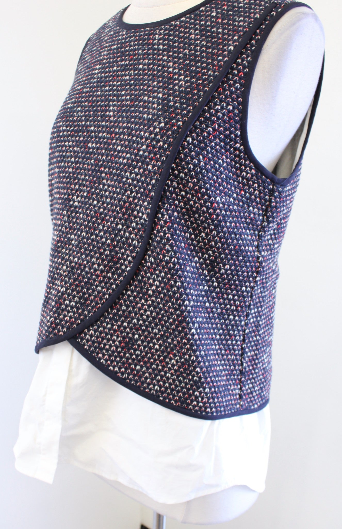 Derek Lam 10 Crosby Navy Blue Tweed Mixed Media Layered Combo Top Blouse Size 10 Sleeveless
