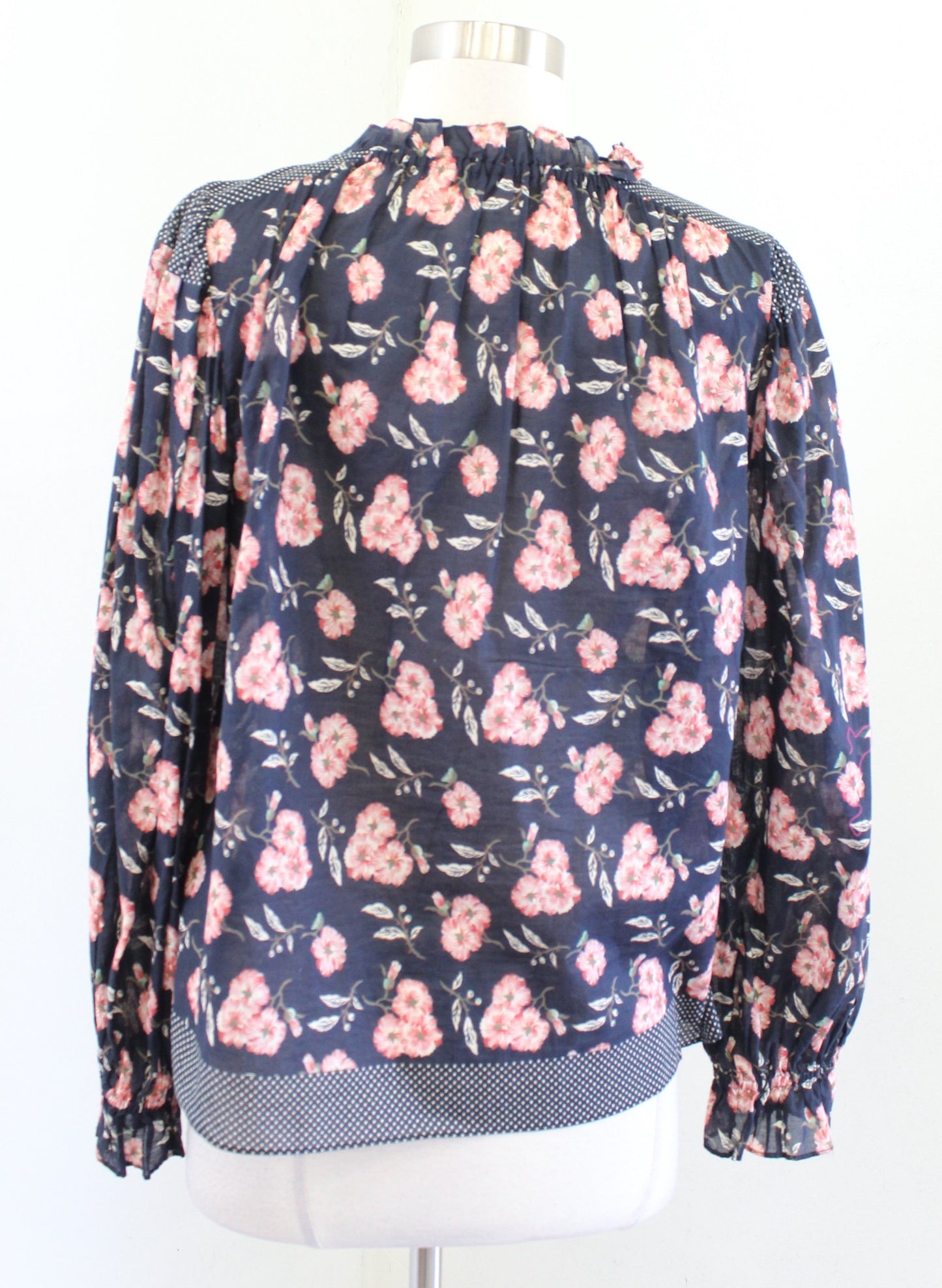 Rebecca Taylor La Vie Navy Blue Vintage Floral Polka Dot Peasant Top Blouse Sz S
