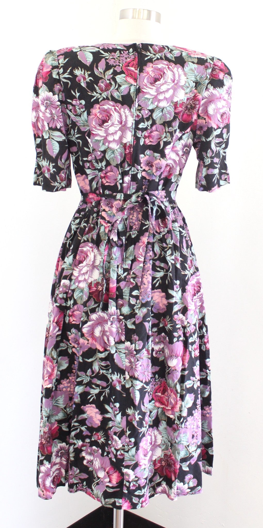 Vtg 90s Black Floral Lace Collar Tie Waist Retro Shirt Dress Size 9 / 10 Modest