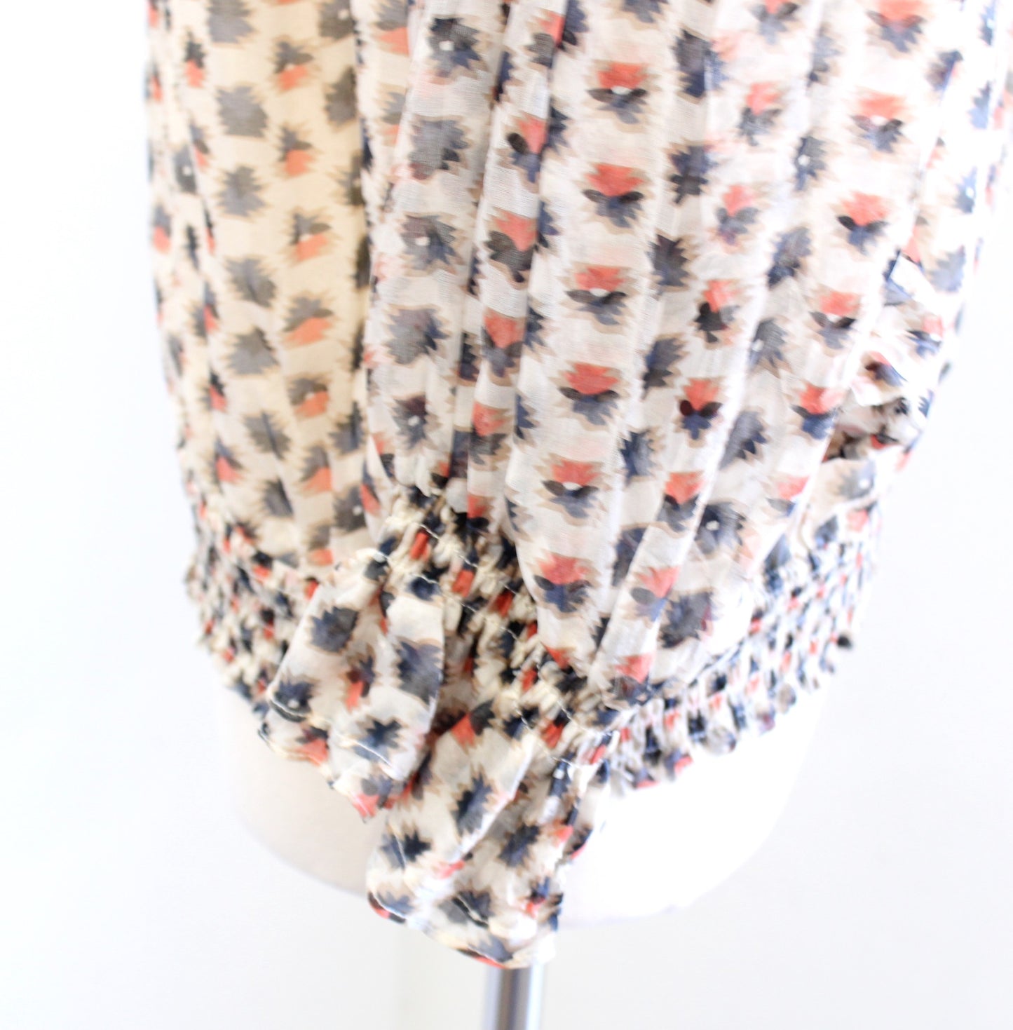 Sundance Catalog Geometric Print Lace Trim Smocked Silk Peasant Top Blouse Sz XS