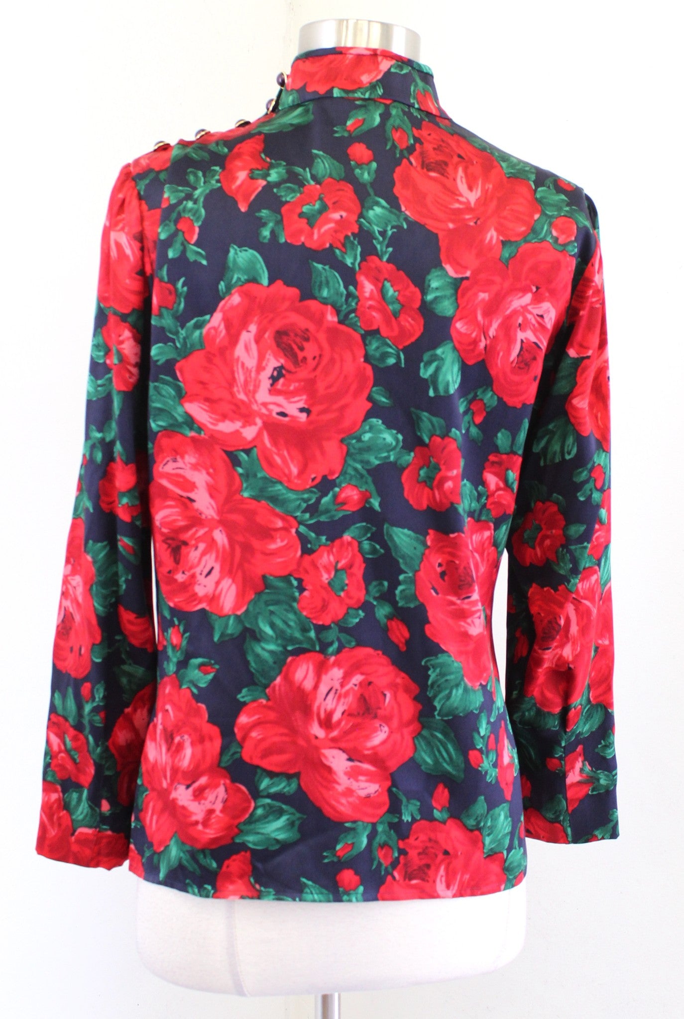 Vtg Carlisle Silk Rose Floral Print Mock Neck Blouse Top sz 4 Red Navy Blue 90s