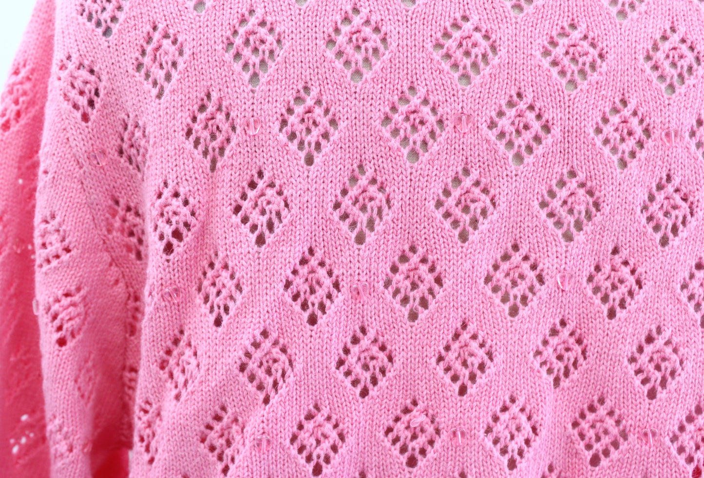 Pink Pointelle Crochet Style 3D Heart Embellished Sequin Cardigan Sweater Size L