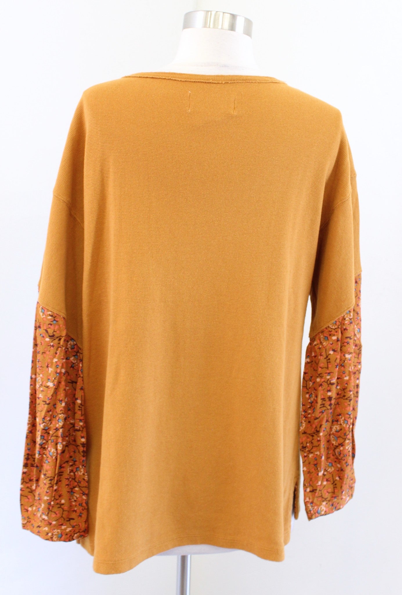 By Anthropologie Annette Orange/Yellow Floral Print Waffle Knit Top Blouse Sz XS Long Sleeve