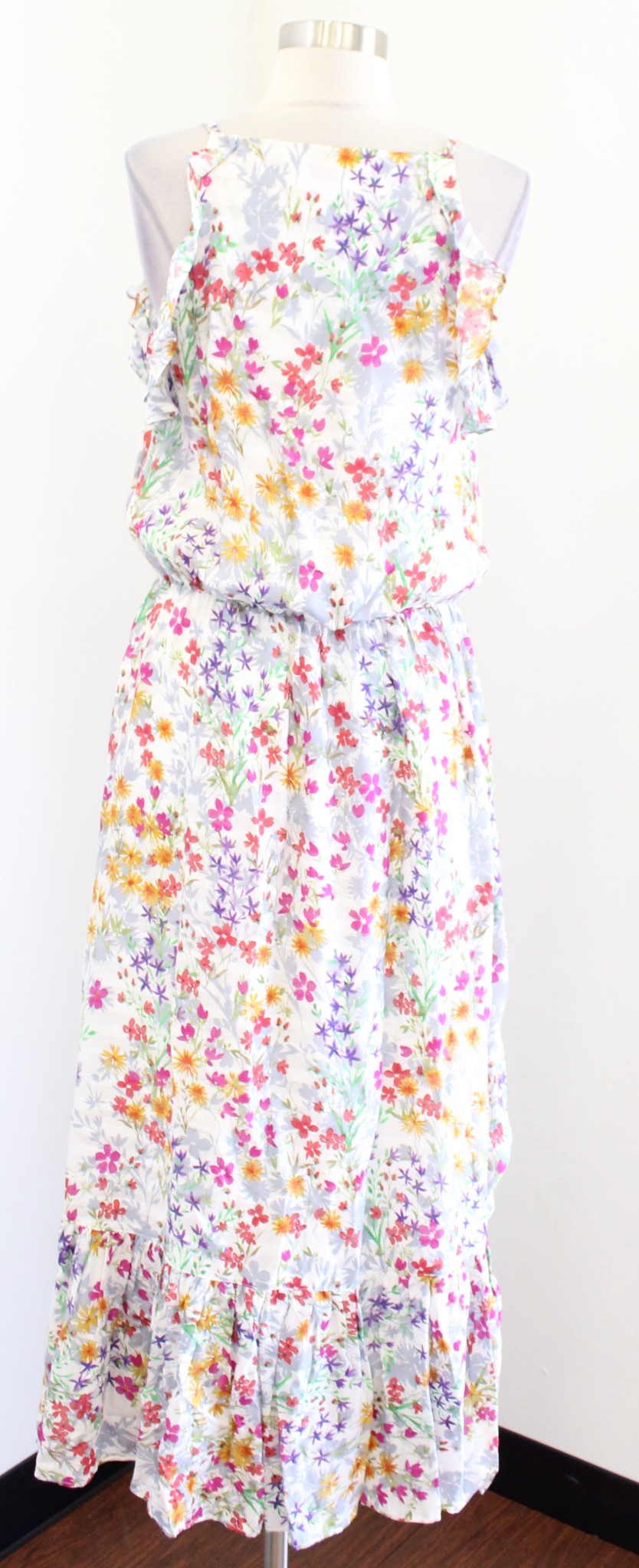 J Jill Summer Floral Print Button Front Ruffle Blouson Maxi Dress Size S Ivory