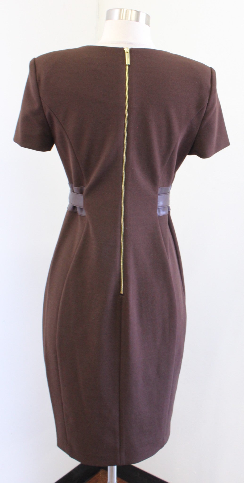 Calvin Klein Brown Short Sleeve Faux Leather Tie Waist Sheath Dress Sz 4 Career