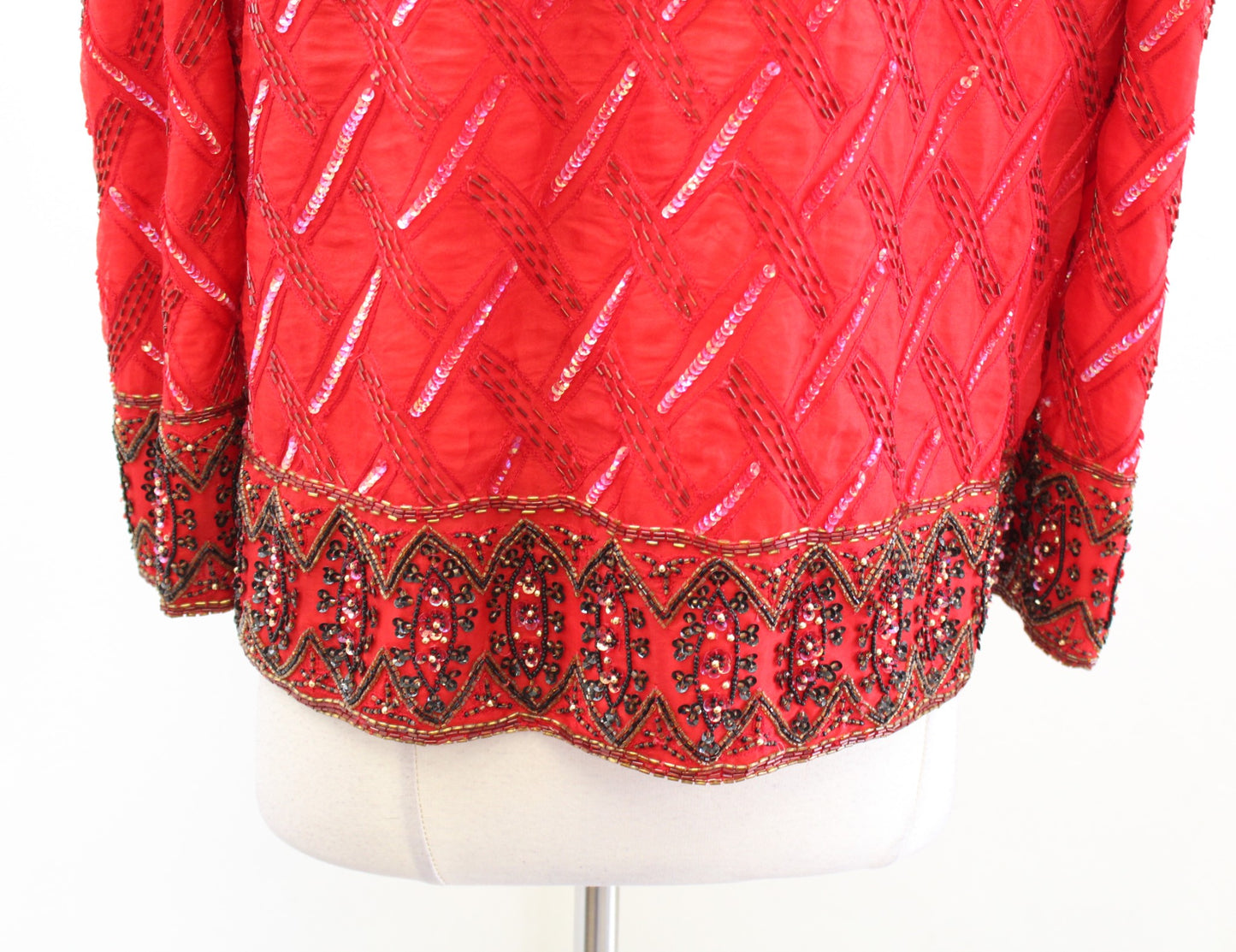 Vtg 90s Red Gold Silk Embellished Beaded Sequin Evening Party Jacket Size M