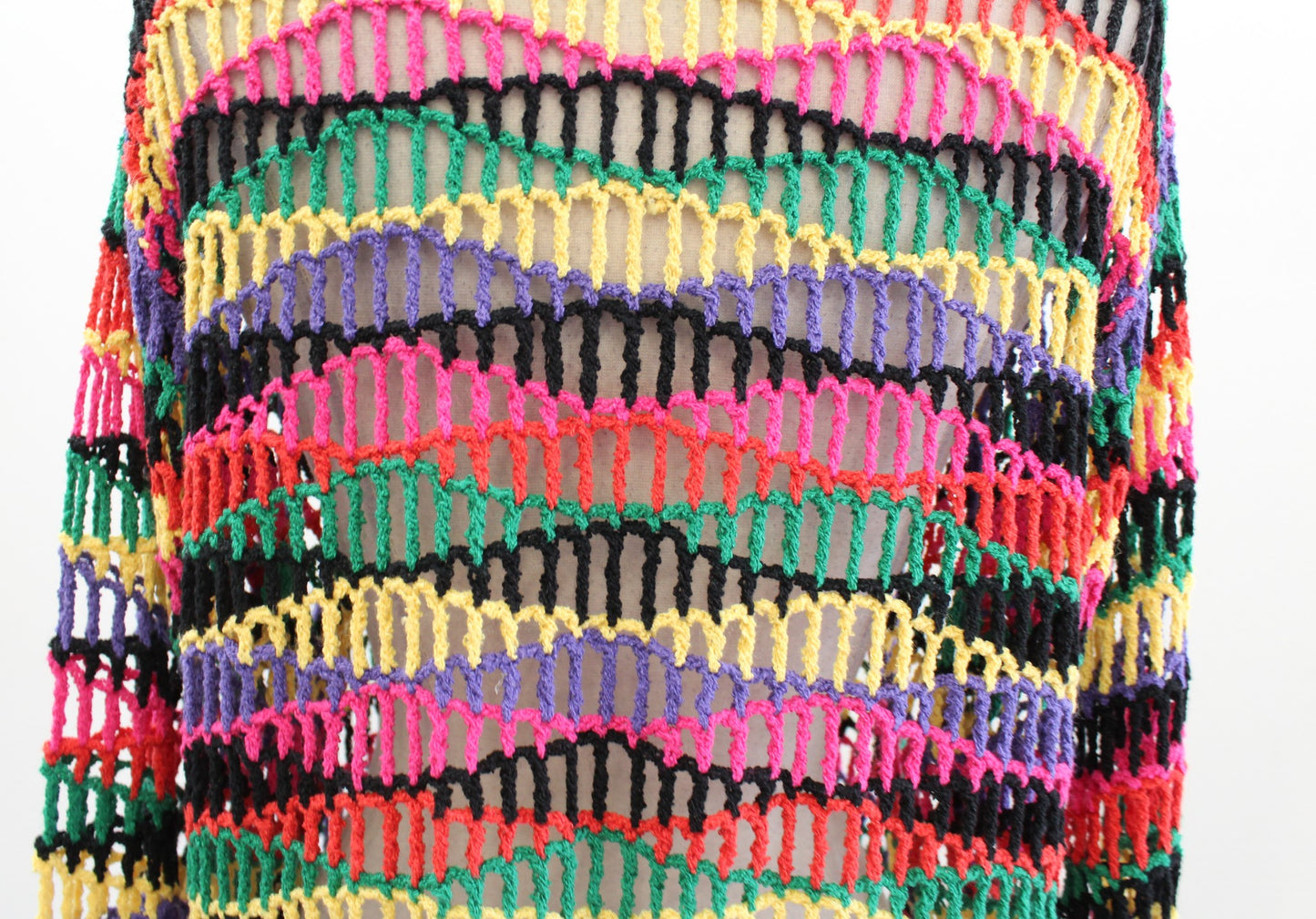 Vtg Y2k Colorful Rainbow Open Knit Crochet Cardigan Sweater Size L Black Yellow