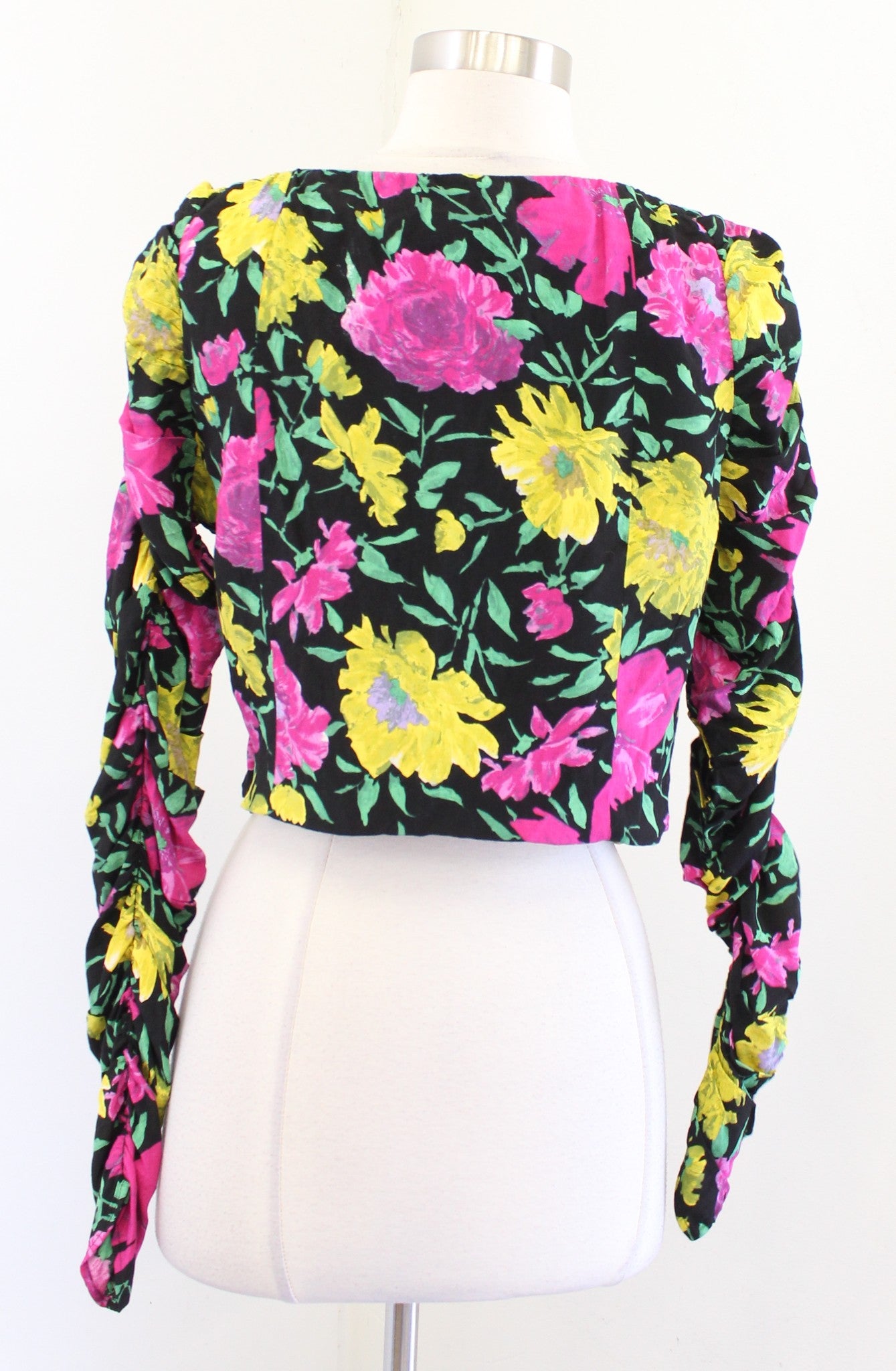 Zara Black Colorful Floral Sweetheart Bustier Style Crop Top Sz L Ruched Sleeve