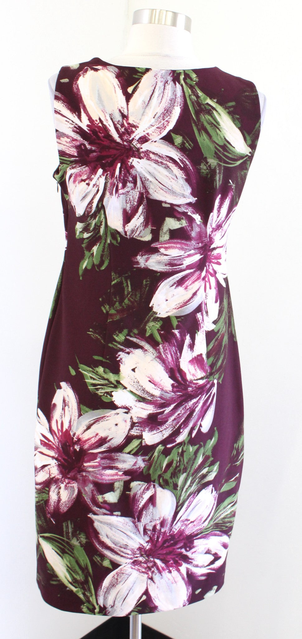 Calvin Klein Burgundy Painted Floral Print Sheath Dress Size 6 Sleeveless Career