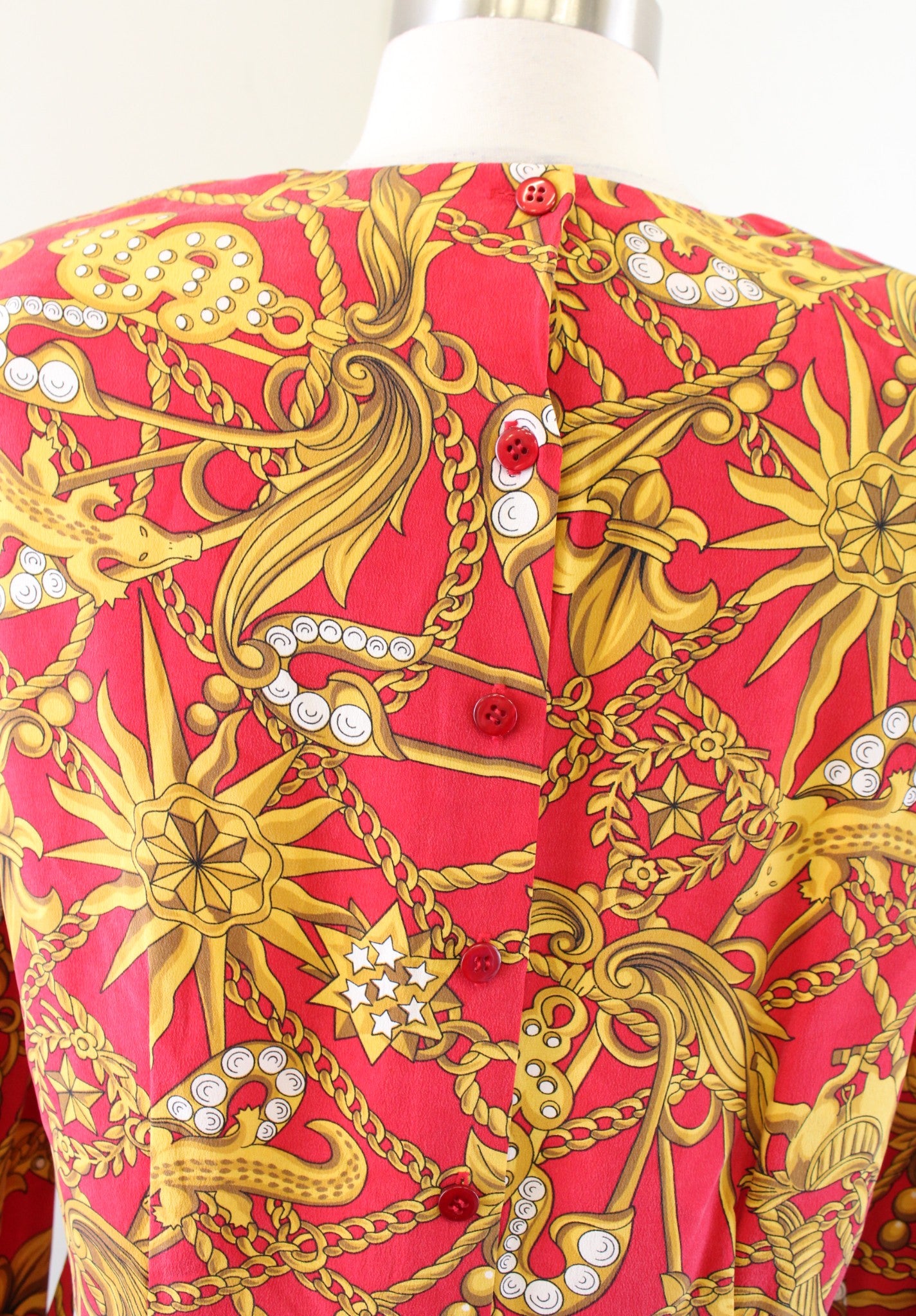Vtg 90s Red Gold Silk Scarf Print Button Back Top Blouse Size 10P Anchor Unique