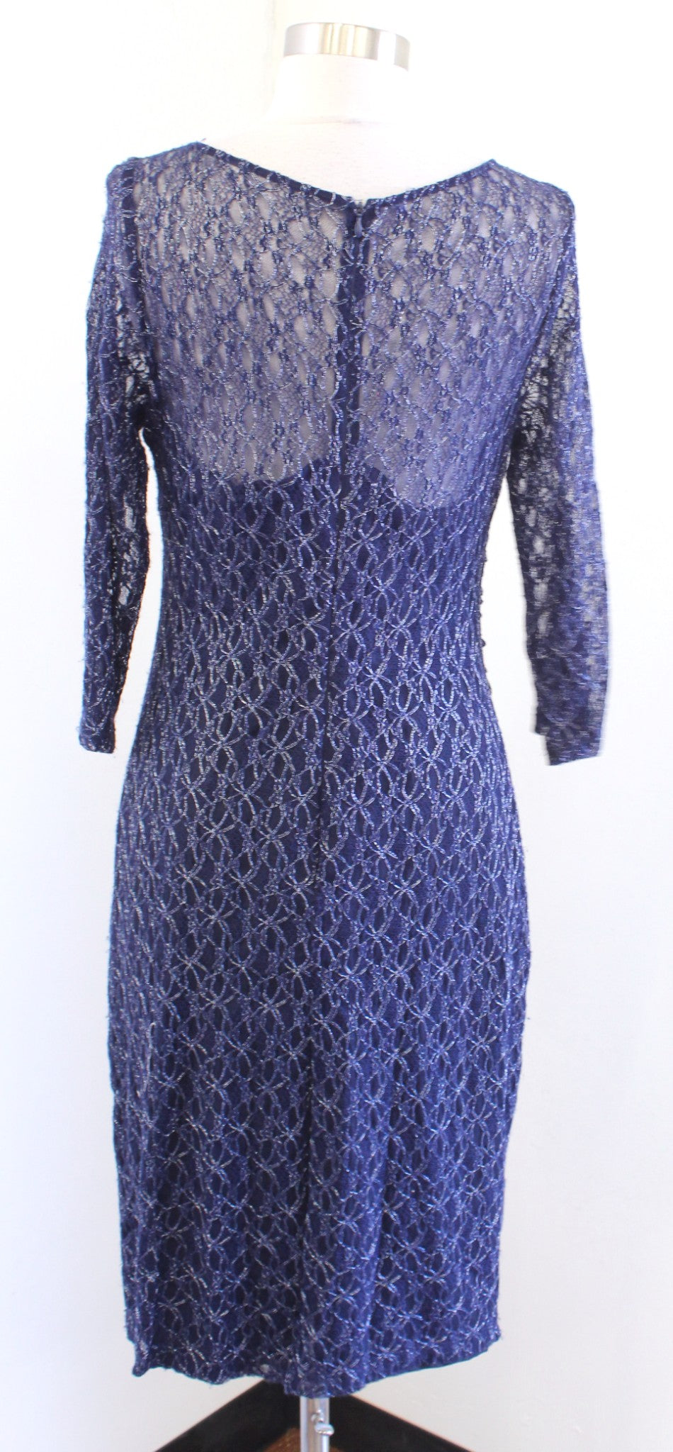 David Meister Navy Blue Metallic Lace Ruched 3/4 Sleeve Sheath Dress Cocktail 8