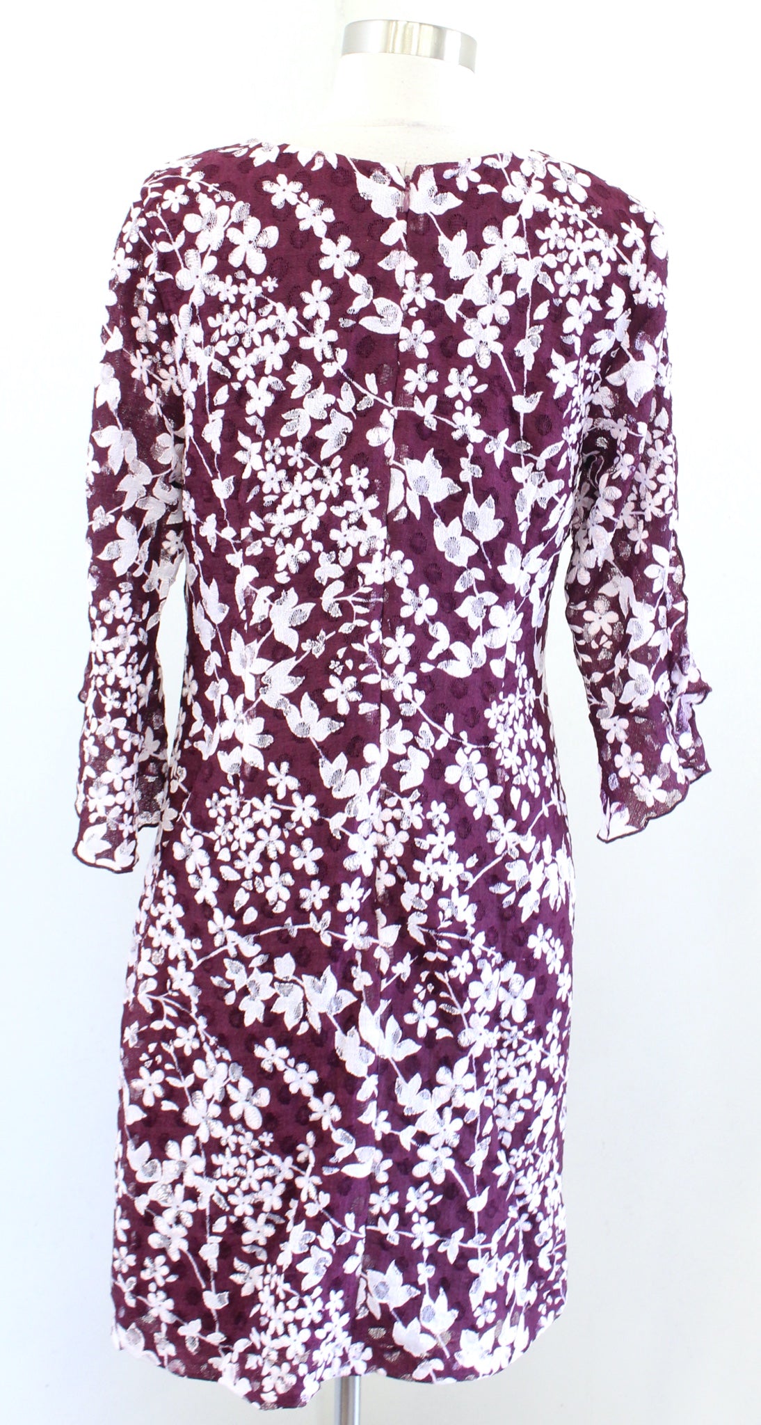 Karl Lagerfeld Burgundy White Pink Floral Lace Bell Sleeve V Neck Dress Size 8
