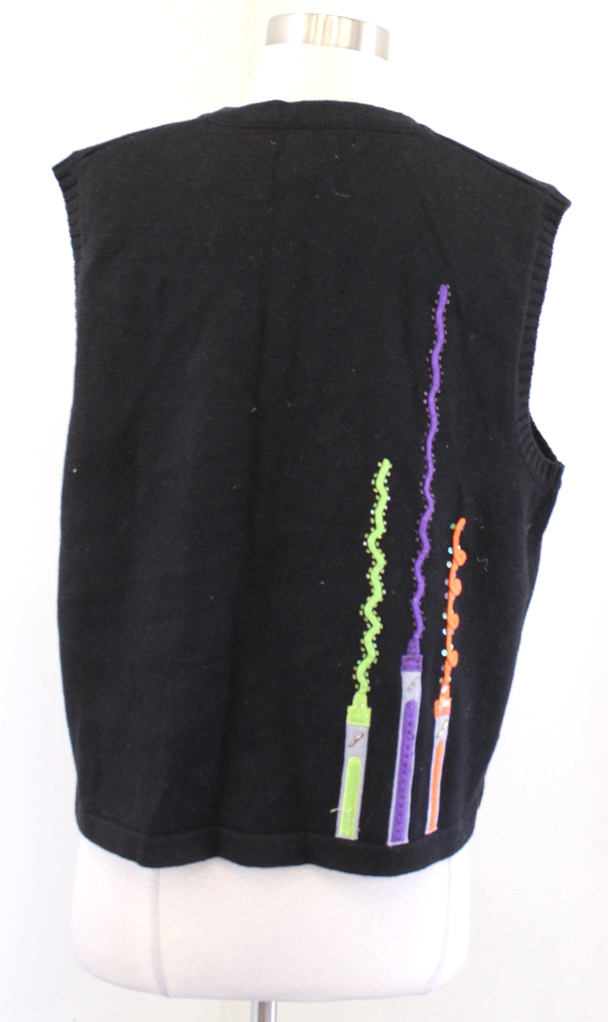 Black Rainbow Crayon Colored Pencil Embroidered Novelty Sweater Vest L Teacher