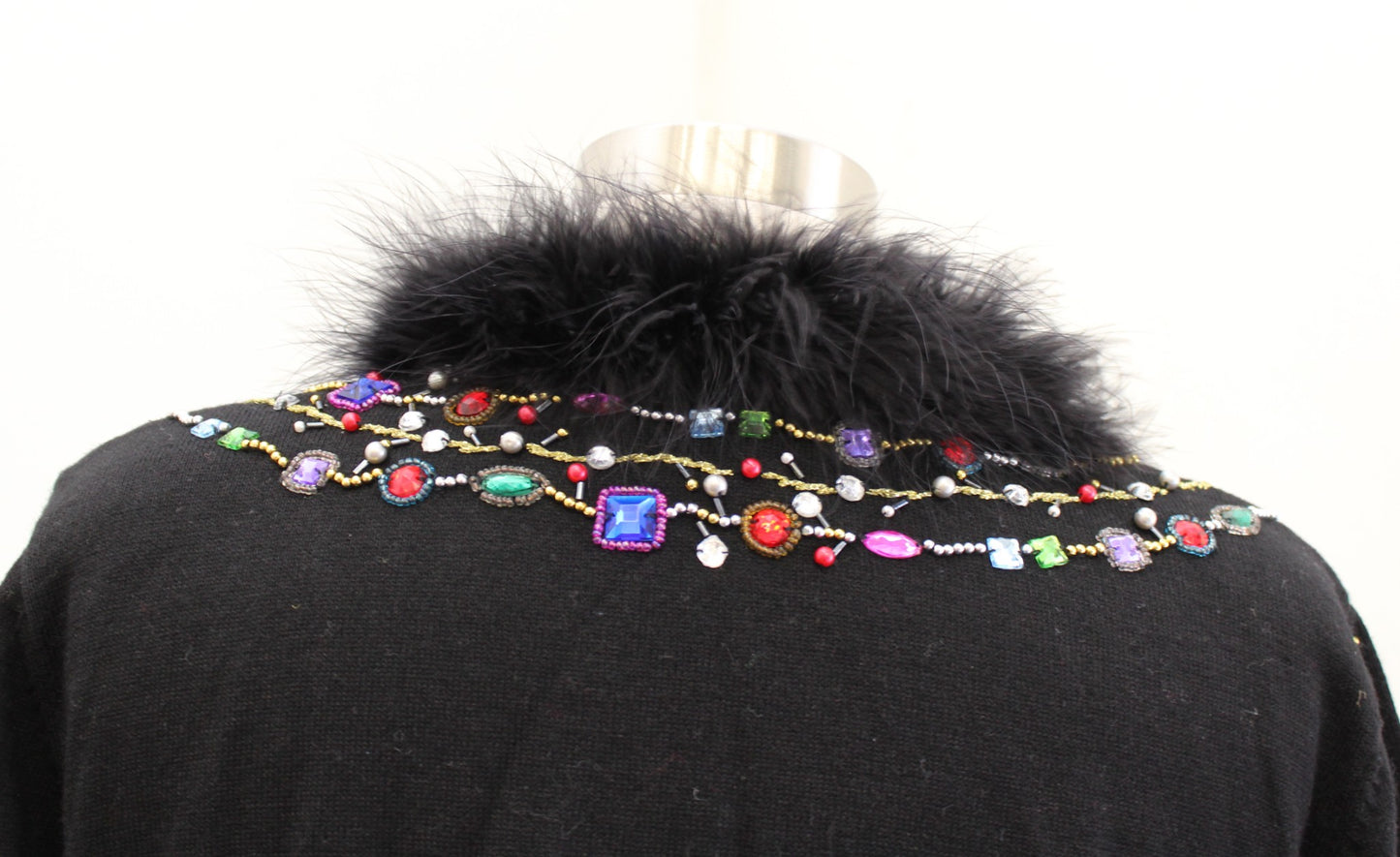 Black Colorful Jewel Beaded Embellished Boa Collar Cardigan Sweater Sz L Holiday
