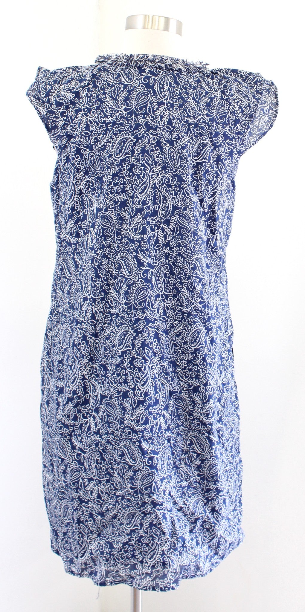 J McLaughlin Navy Blue Paisley Print Fringe Trim Cotton Shift Swing Dress Size S