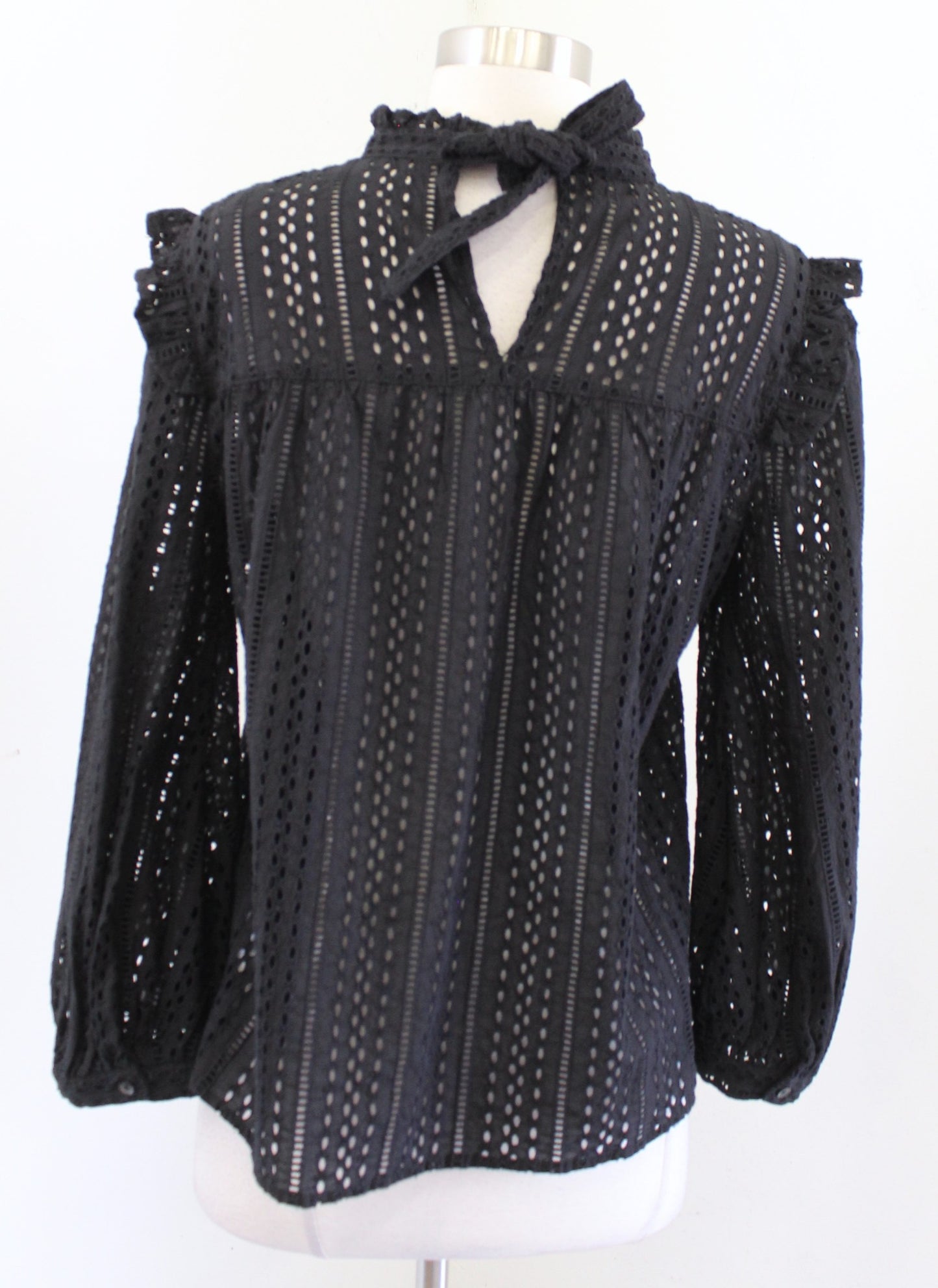 Madewell Black Eyelet Mock Neck Ruffle Top Blouse Size S Peasant Long Sleeve