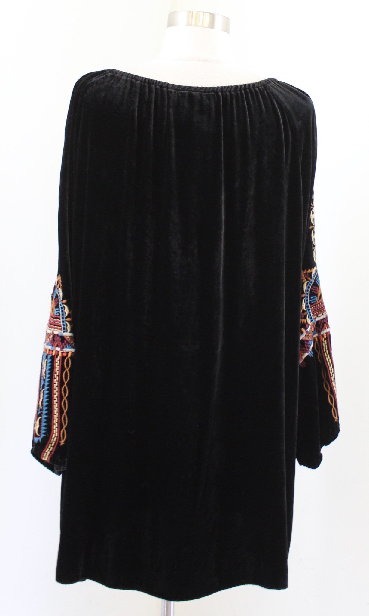 Johnny Was Naomi Black Velvet Embroidered Peasant Top Blouse Size 1X Tie Neck