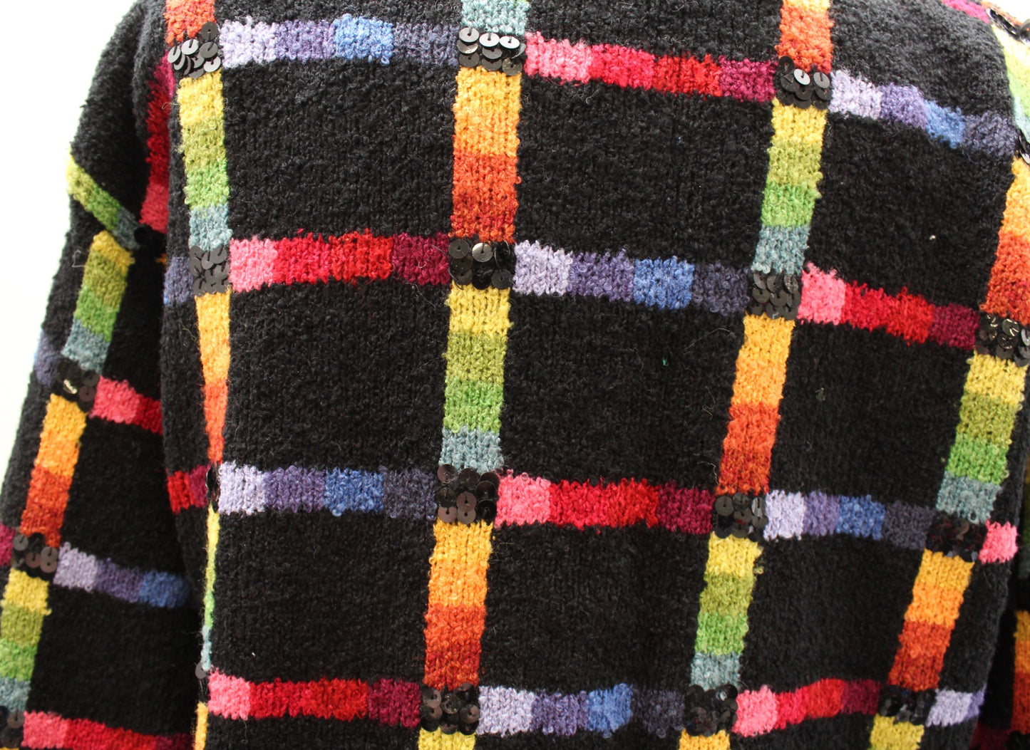Vtg Janes Closet Black Rainbow Plaid Sequin Embellished Cardigan Sweater Size M