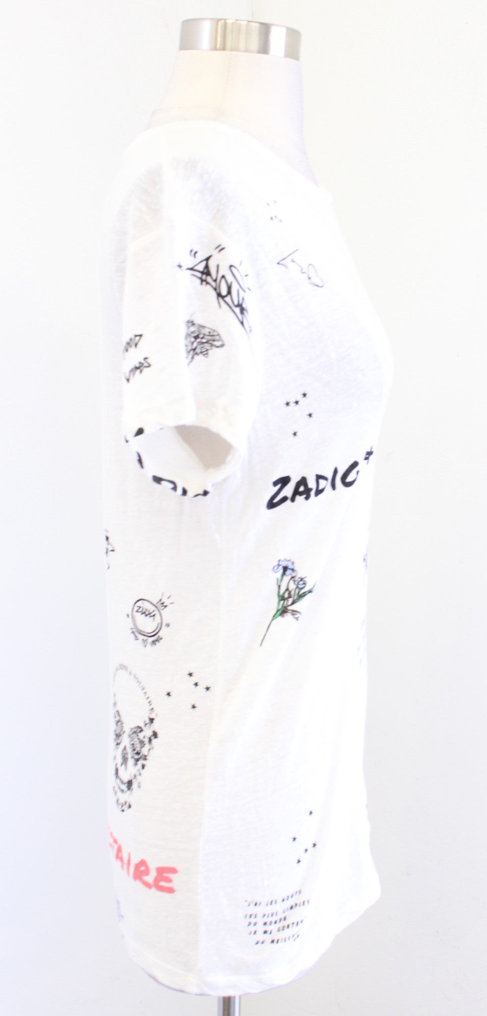 Zadig and Voltaire Zoe Off White Linen Blend Slub Tattoo Print T Shirt Top Sz XS