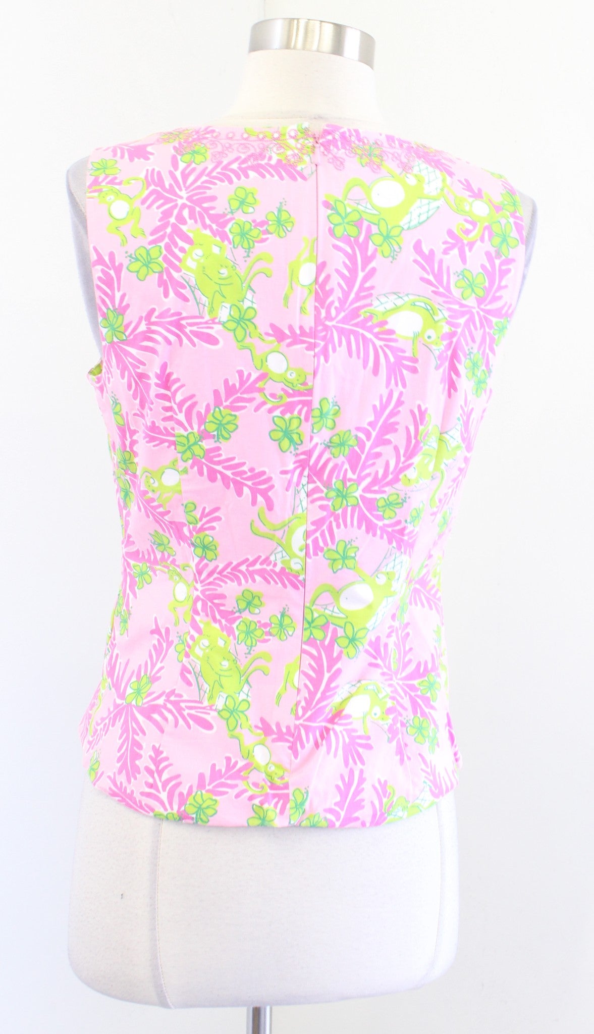 Vtg Lilly Pulitzer Pink Green Floral Monkey Print Embroidered Trim Top Blouse 4 Sleeveless