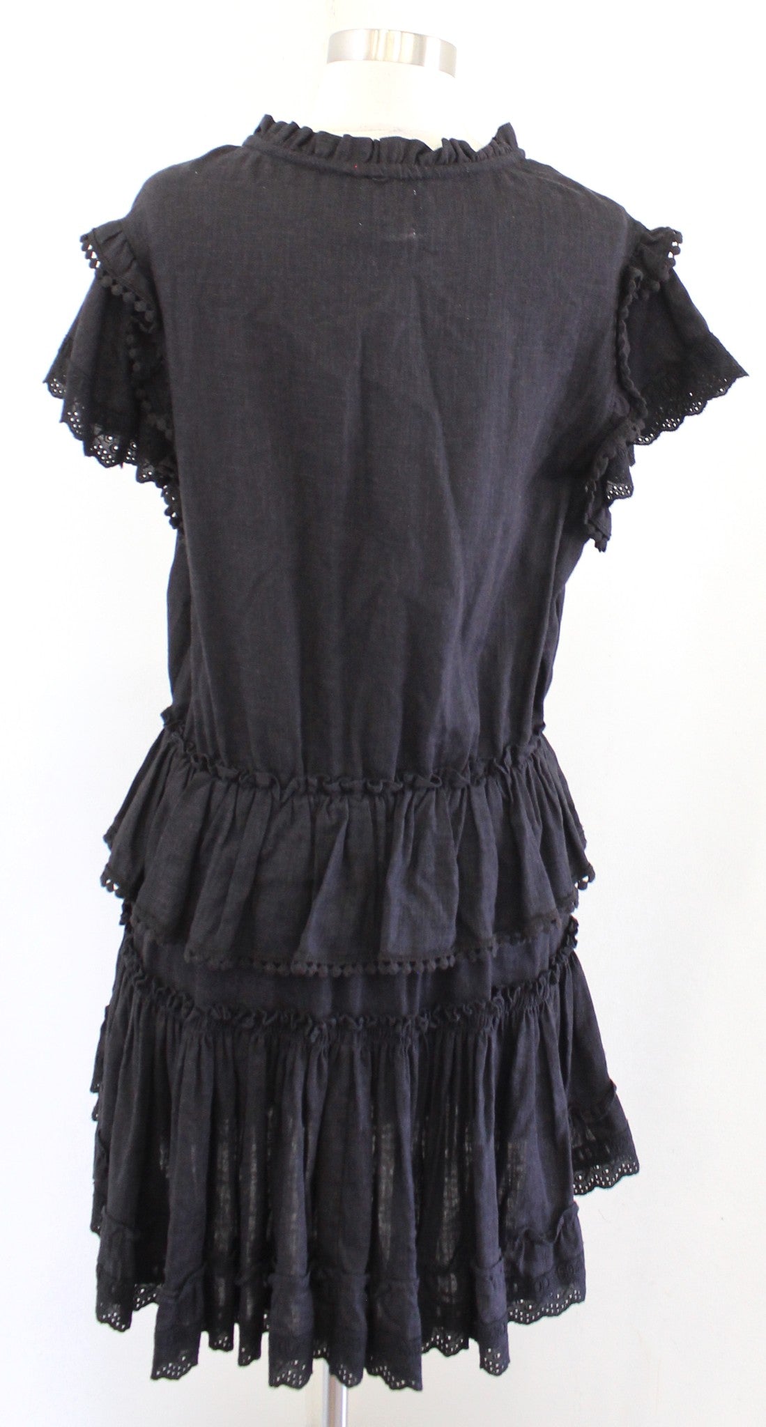 Misa Los Angeles Black Ruffle Tiered Tie Neck Dress Size M Linen Blend Smocked