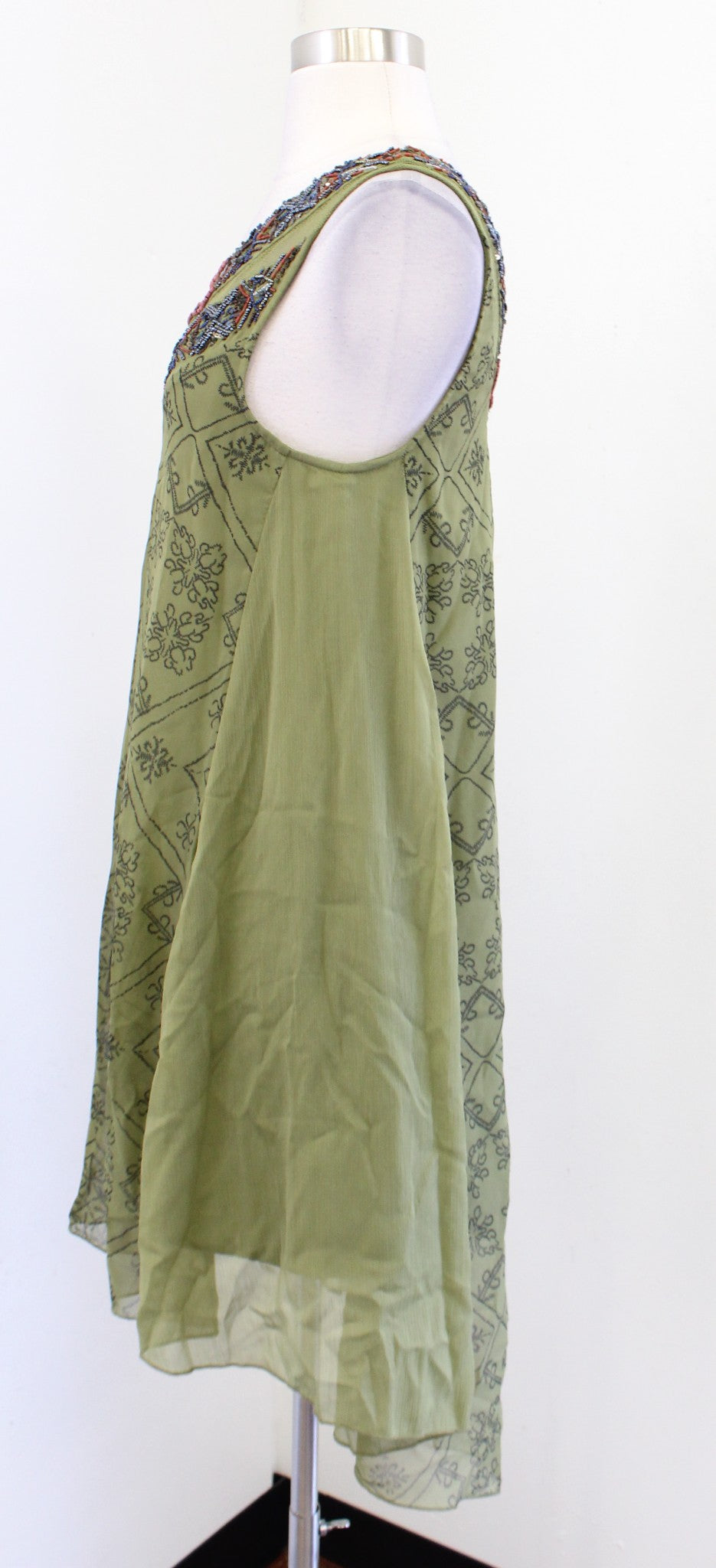 Free People Ancient Mystery Green HI Lo Beaded Tunic Dress Size XS Geometric