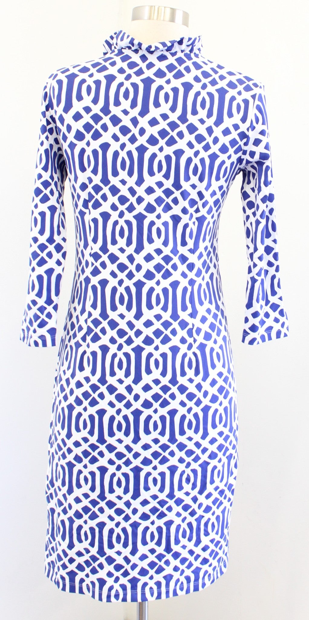 J McLaughlin Durham Blue White Geometric Ruffle Neck Catalina Cloth Dress Sz XS