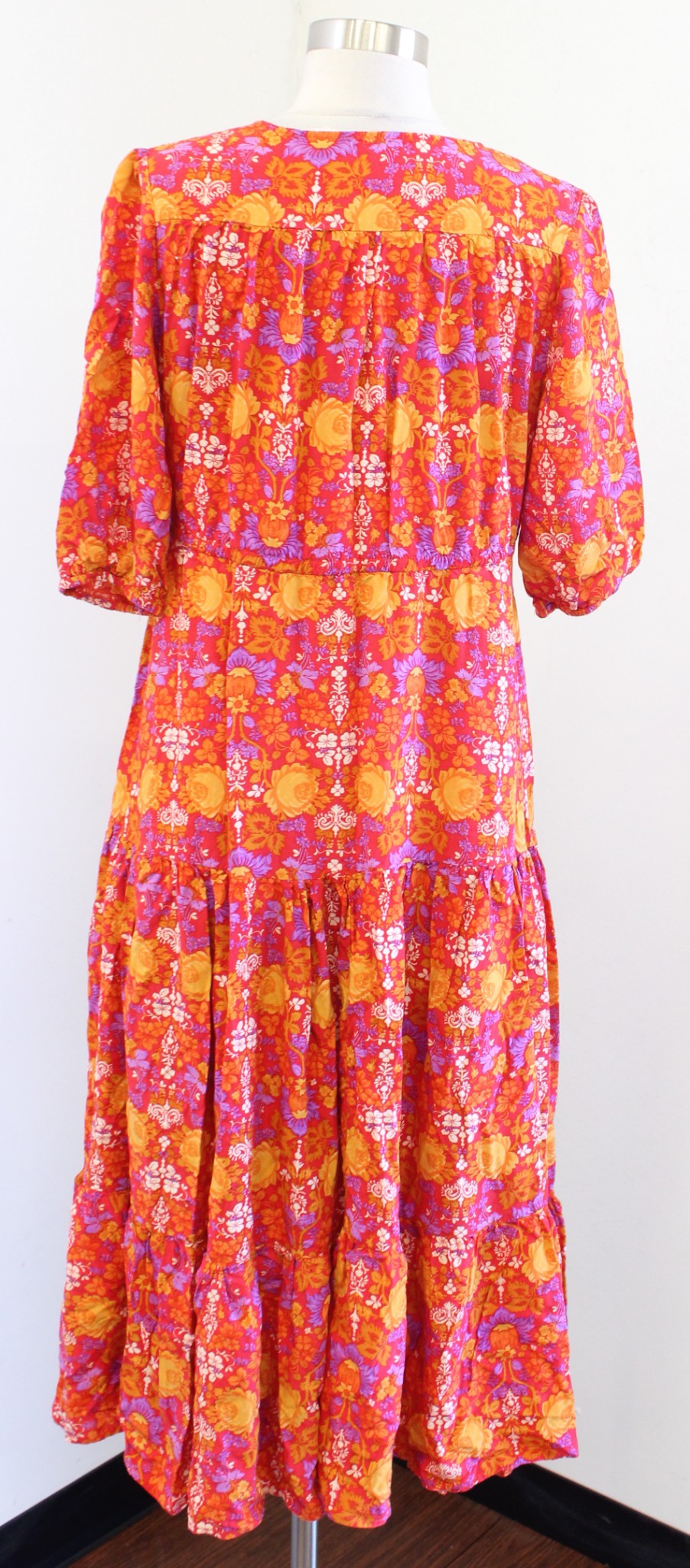 Abel the Label Red Orange Yellow Floral Print Tiered Peasant Dress Midi Maxi S