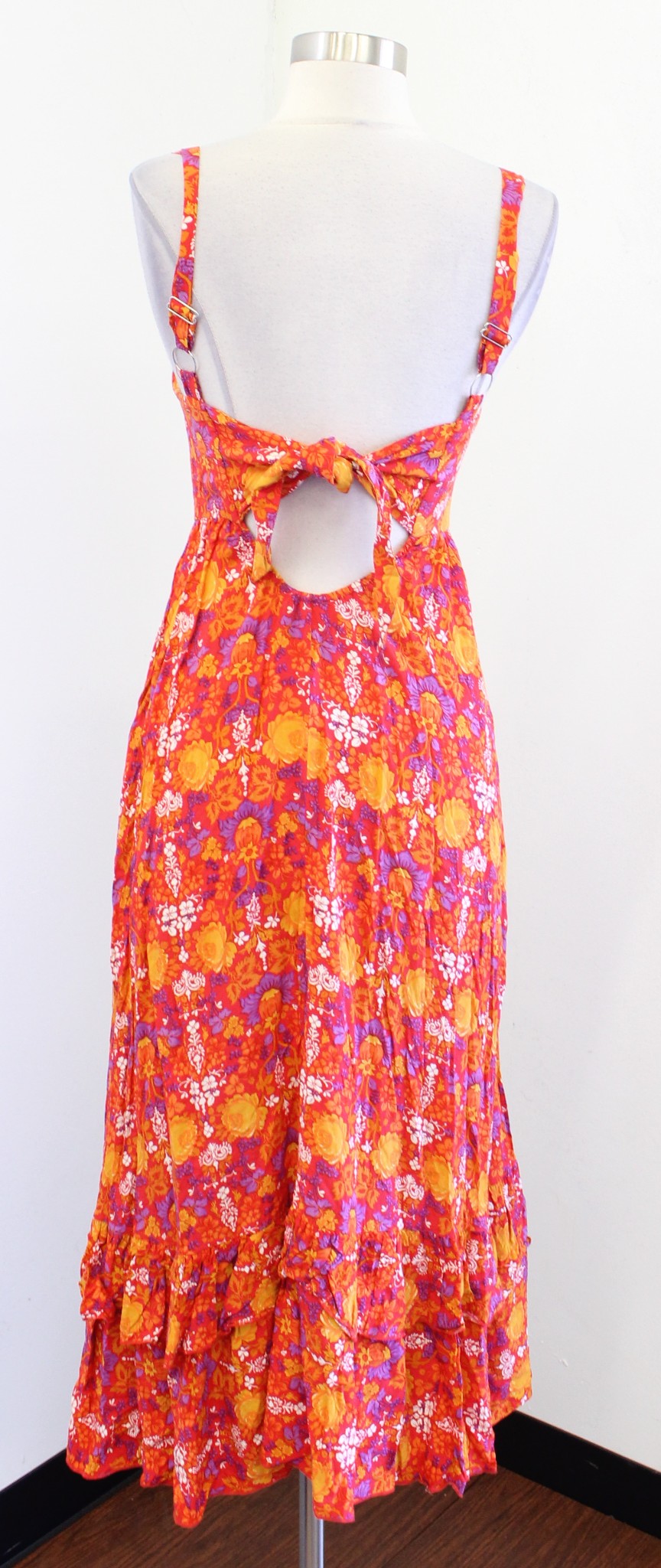 Abel the Label Red Orange Floral Print Tie Back Tiered Ruffle Maxi Dress Size XS