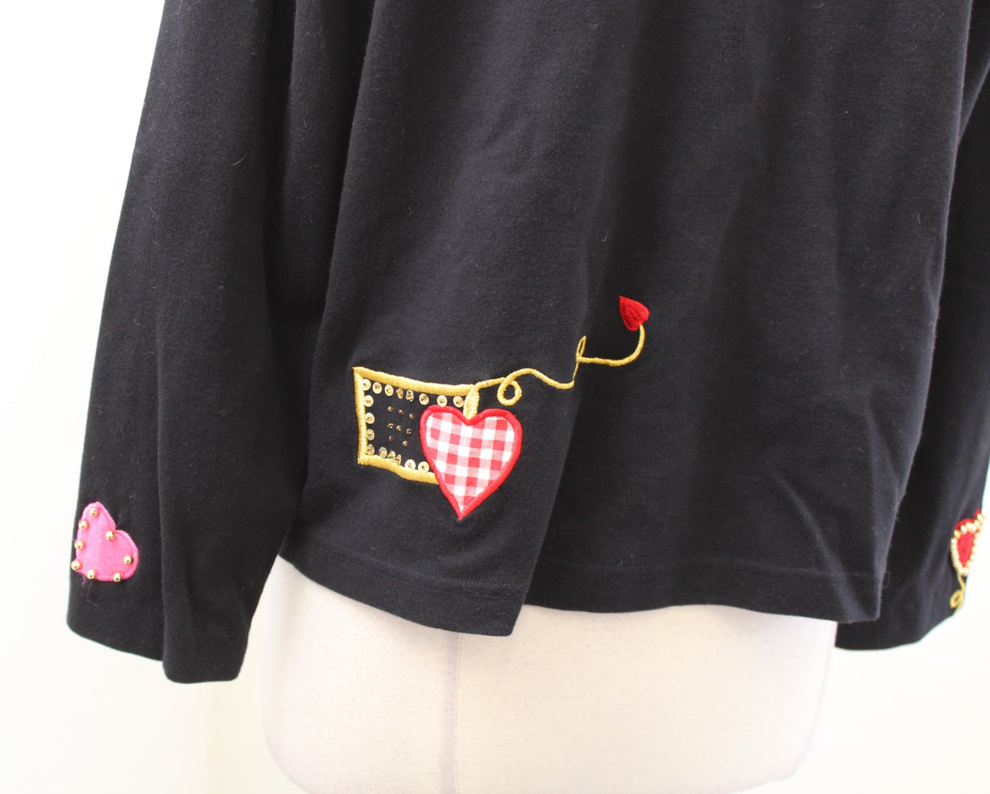 Black Button Front Heart Embroidered Embellished Cardigan Sweater L Valentines