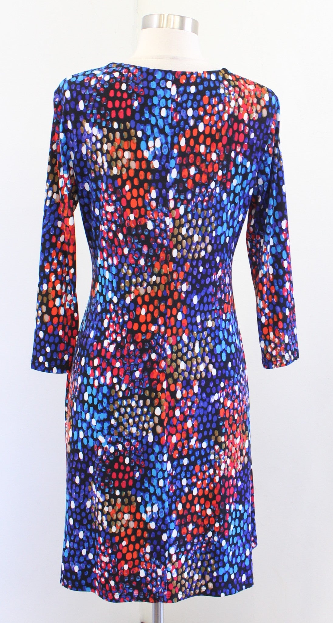 Calvin Klein Blue Colorful Dot Print Ruched Faux Wrap Jersey Dress Size 6 V Neck