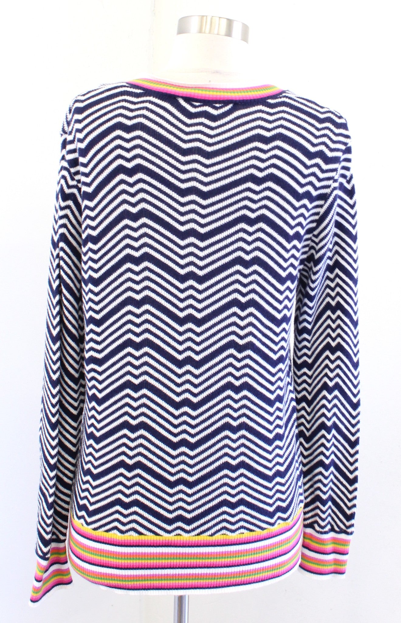 Trina Turk Navy Blue Chevron Striped Rainbow Trim V Neck Sweater Top Size M