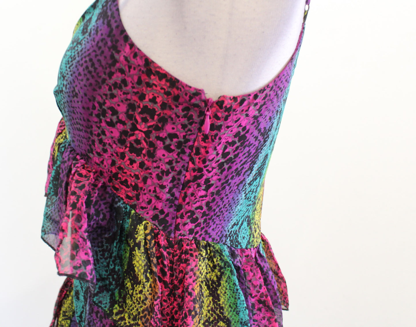 Vtg Betsey Johnson Black Label Silk Ruffle Tiered Snakeskin Print Dress Sz 2 y2k