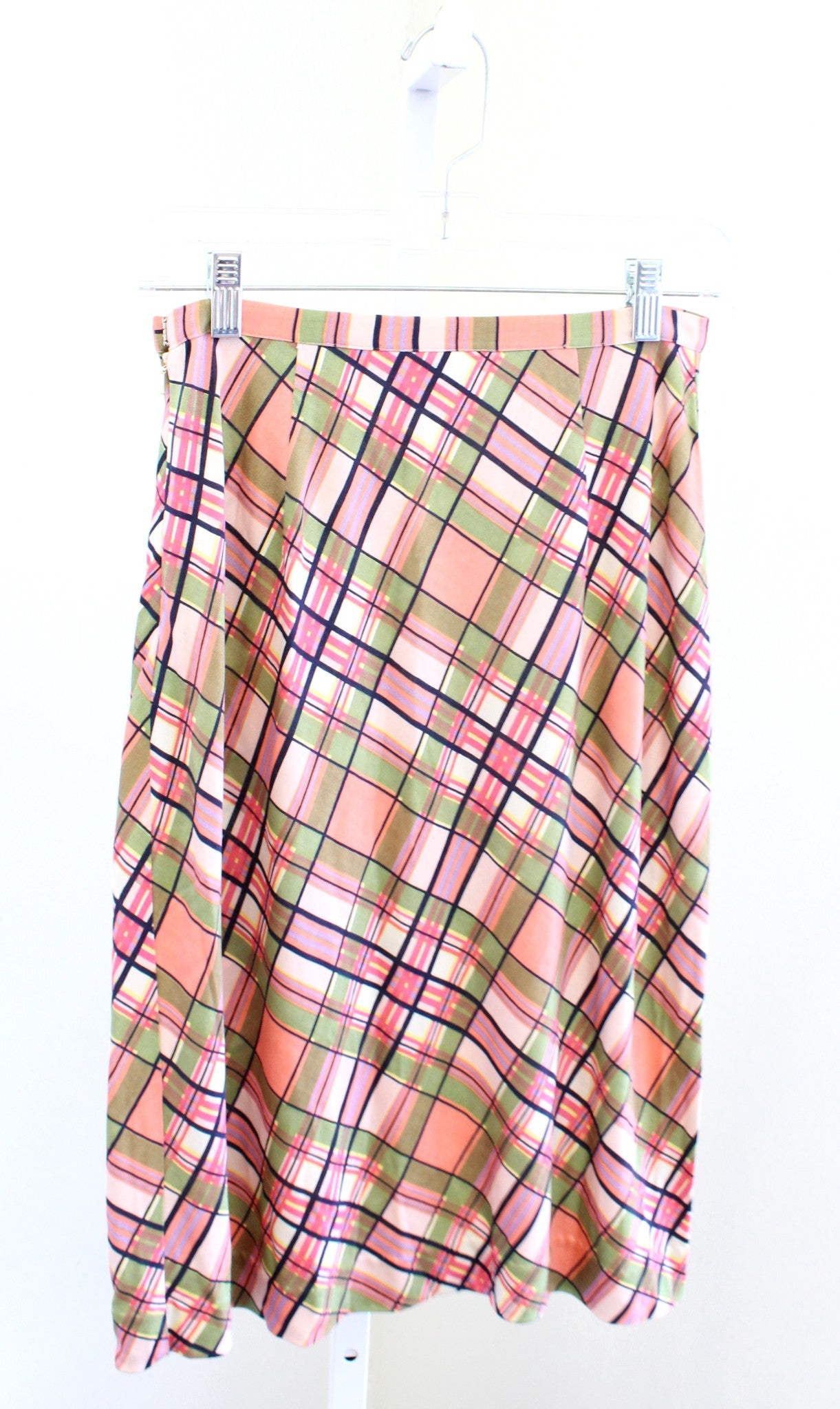 Diane Von Furstenberg Silk Plaid Printed Slip Style Skirt Sz 4 Peach Pink Green