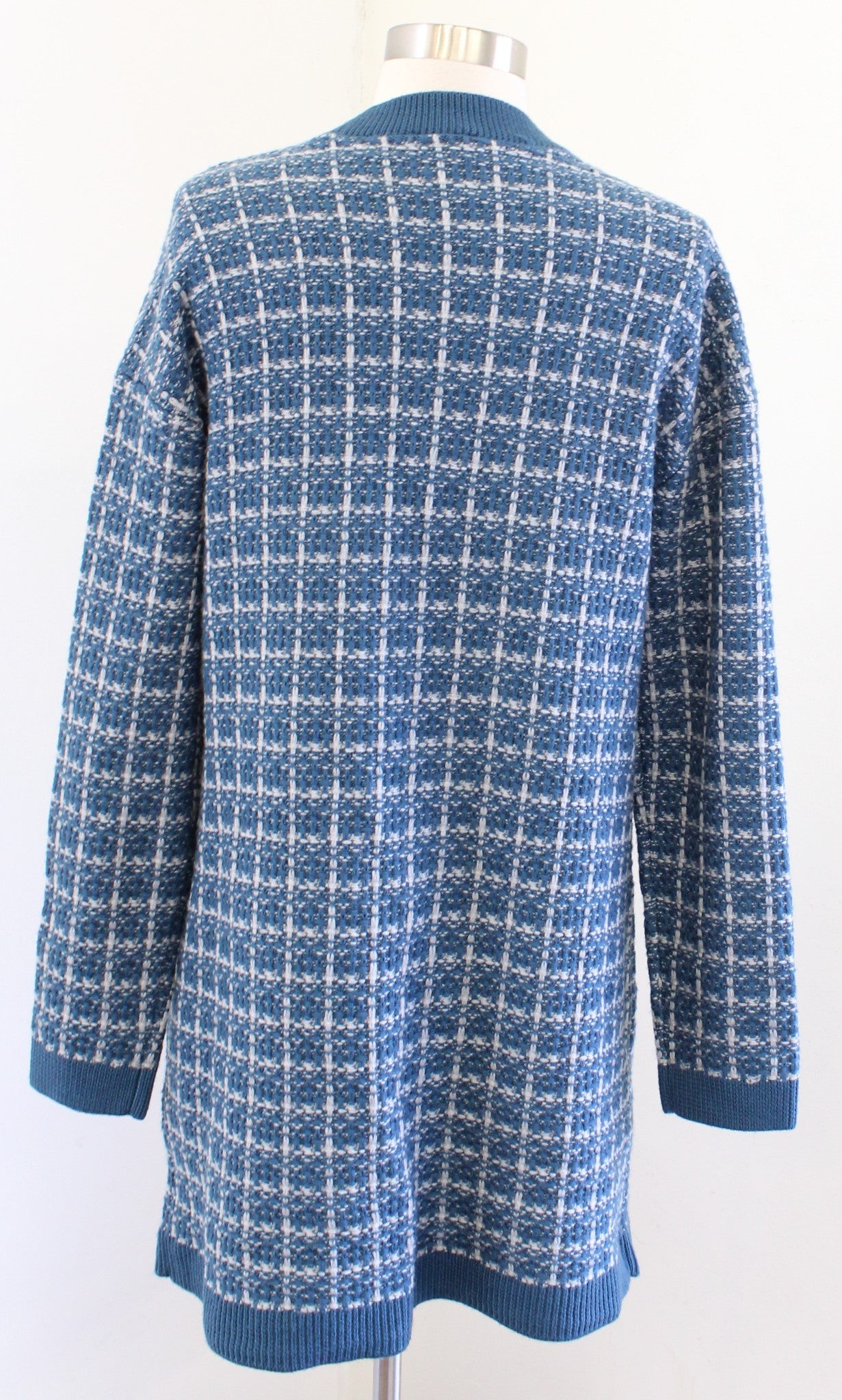Talbots Pure Merino Wool Blue Plaid Longline Button Front Cardigan Sweater Sz M