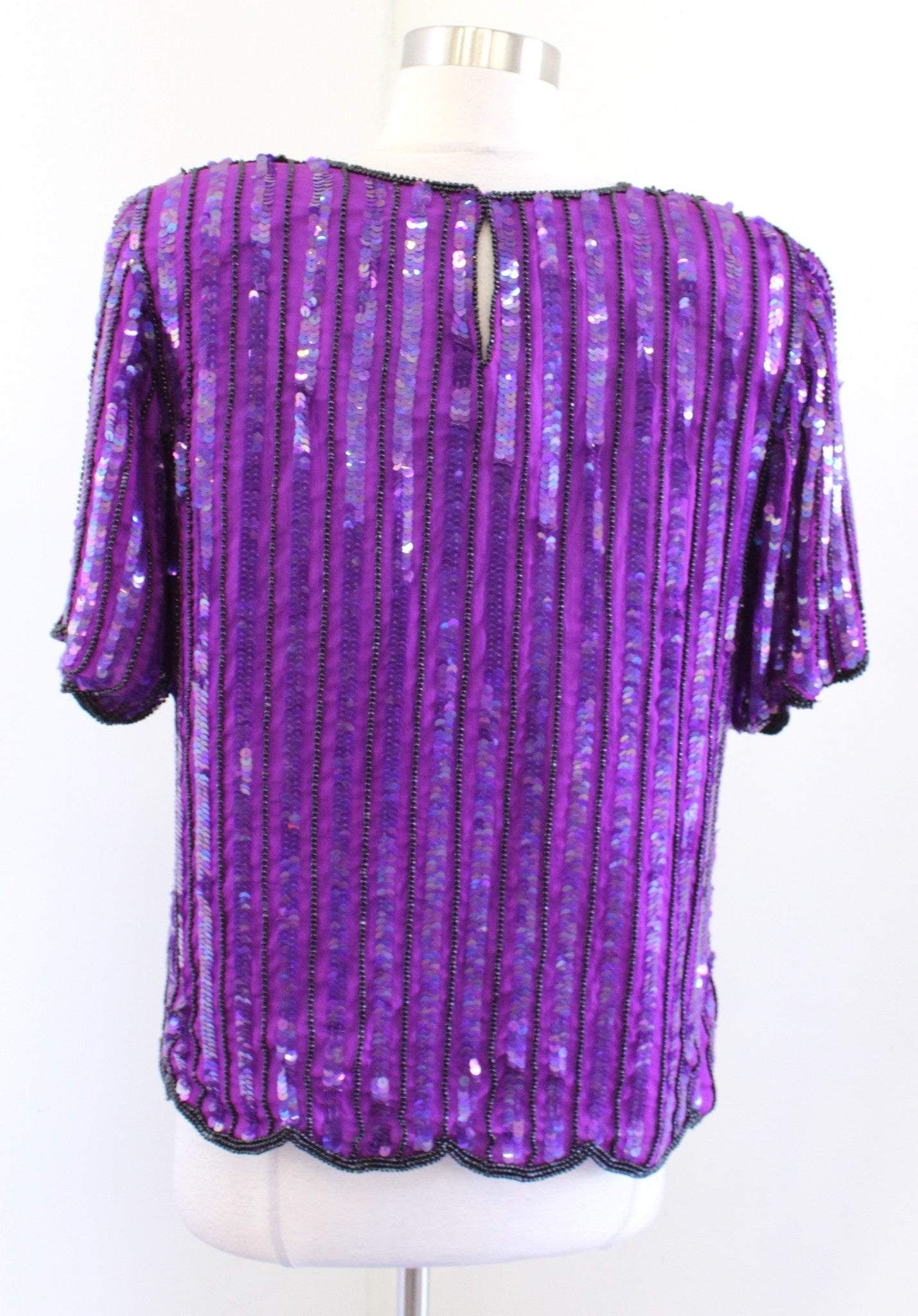 Vtg Stenay Purple Iridescent Silk Beaded Sequin Party Top Blouse M Floral Black