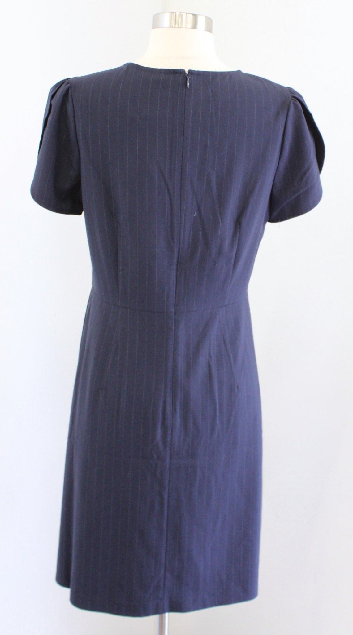 NWT Ann Taylor Loft Navy Blue Pinstripe Short Tulip Sleeve Sheath Dress Size 6