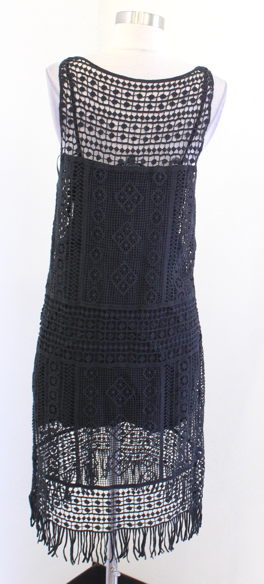 Lauren Ralph Lauren Black Crochet Knit Fringe Tank Dress Size S Beach Summer