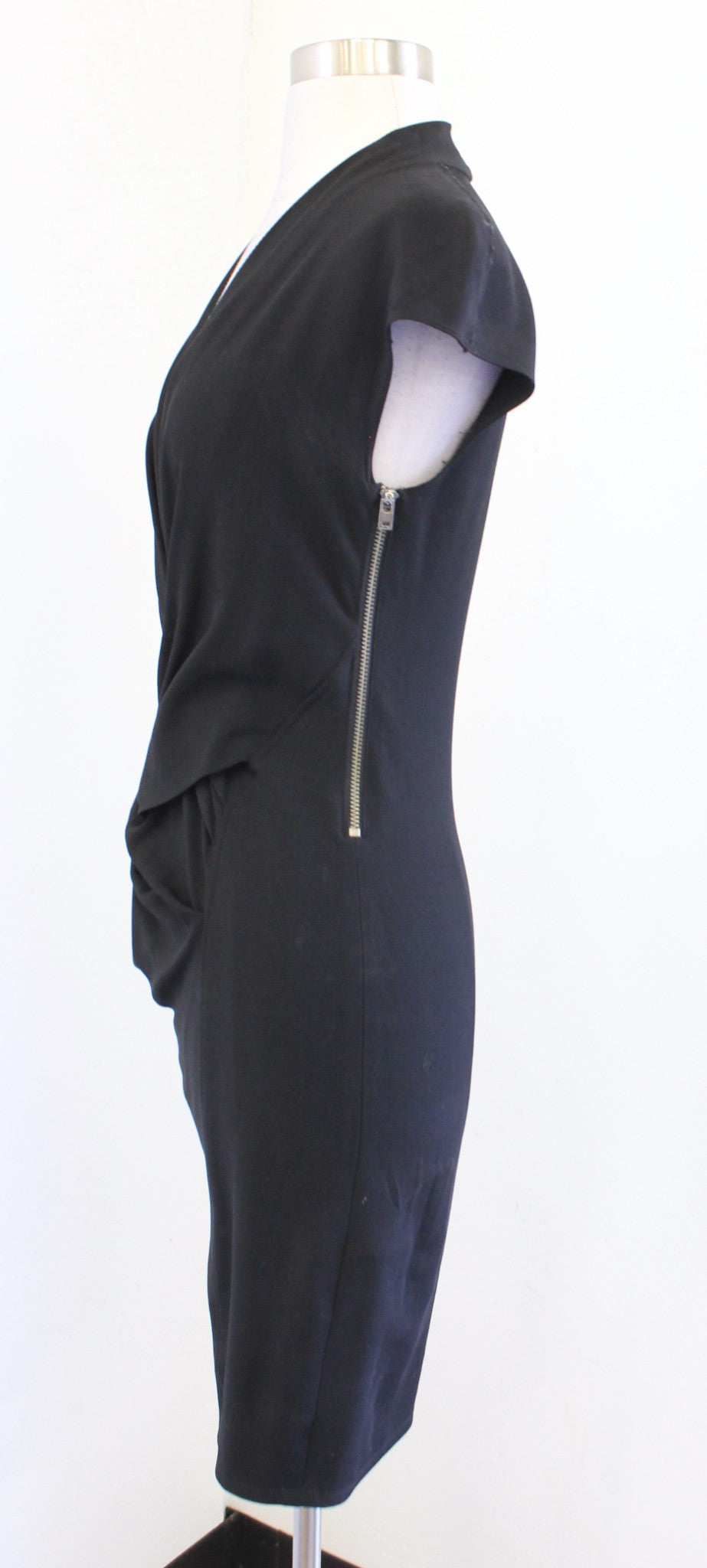Helmut Lang Black V Neck Ruched Draped Wool Viscose Suiting Sheath Dress Size 2