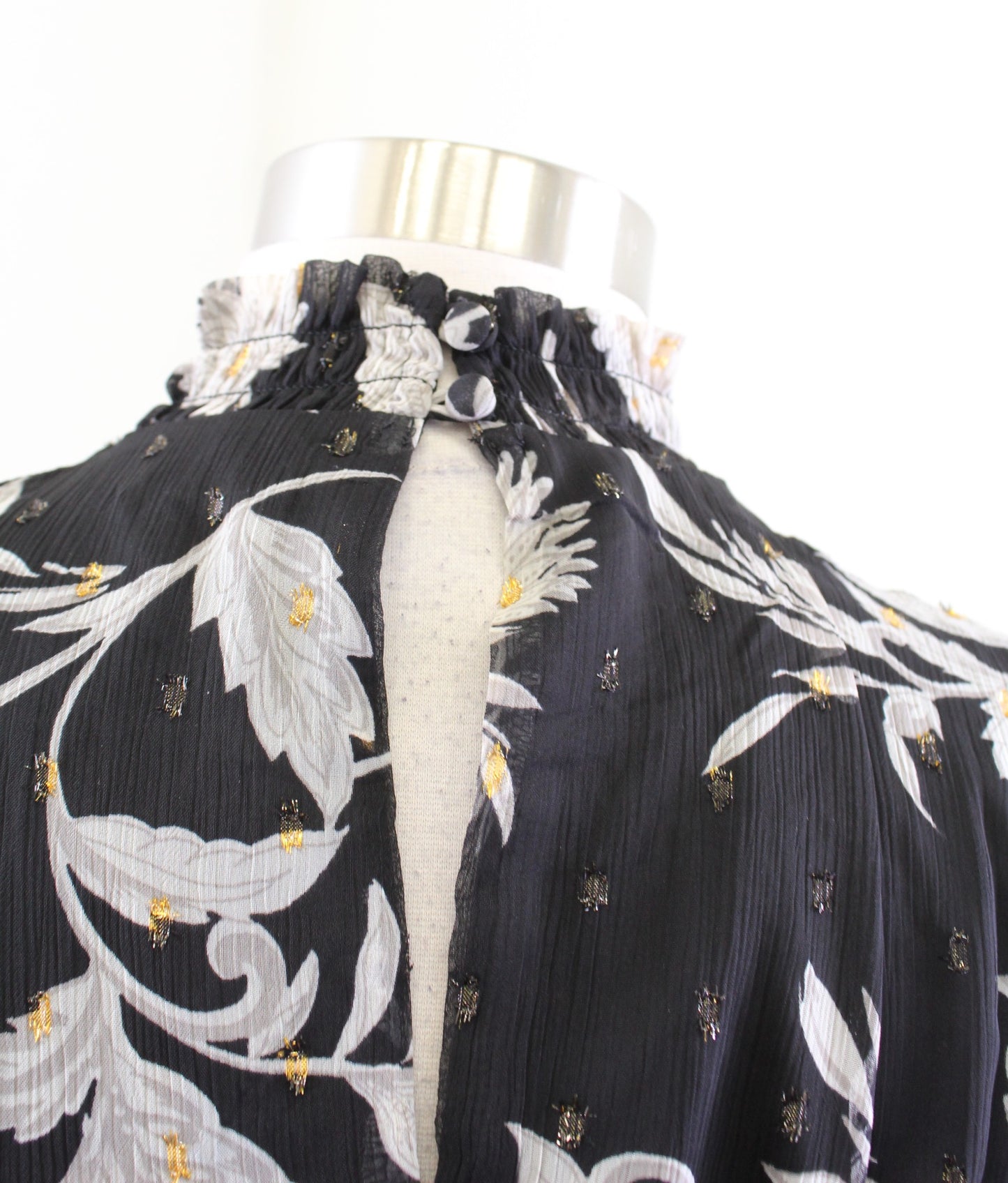 Ann Taylor Black Baroque Floral Smocked Mock Neck Tie Waist Shift Dress Size XS