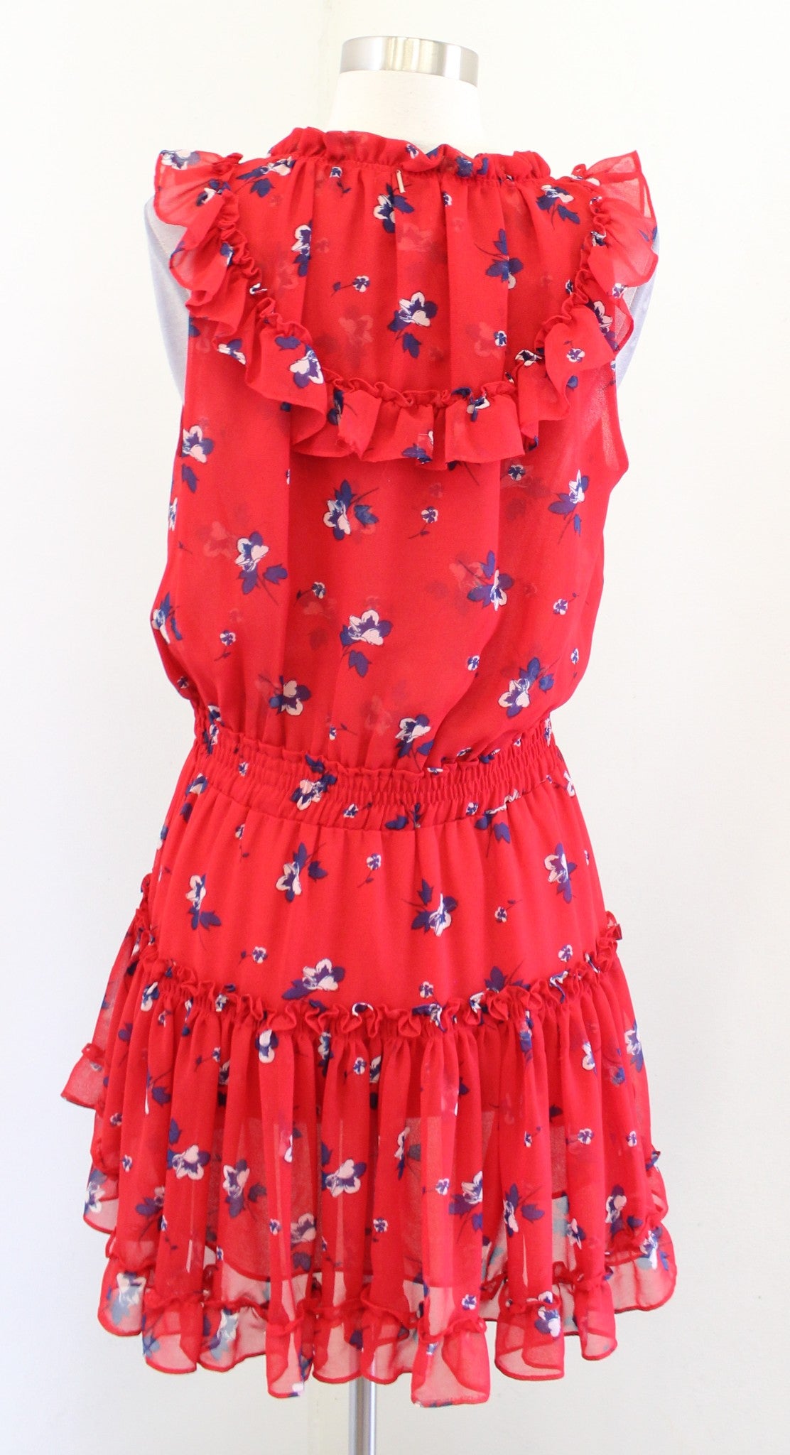 Misa Los Angeles Milaya Red Blue Floral Ruffle Tiered Tie Neck Mini Dress Size M