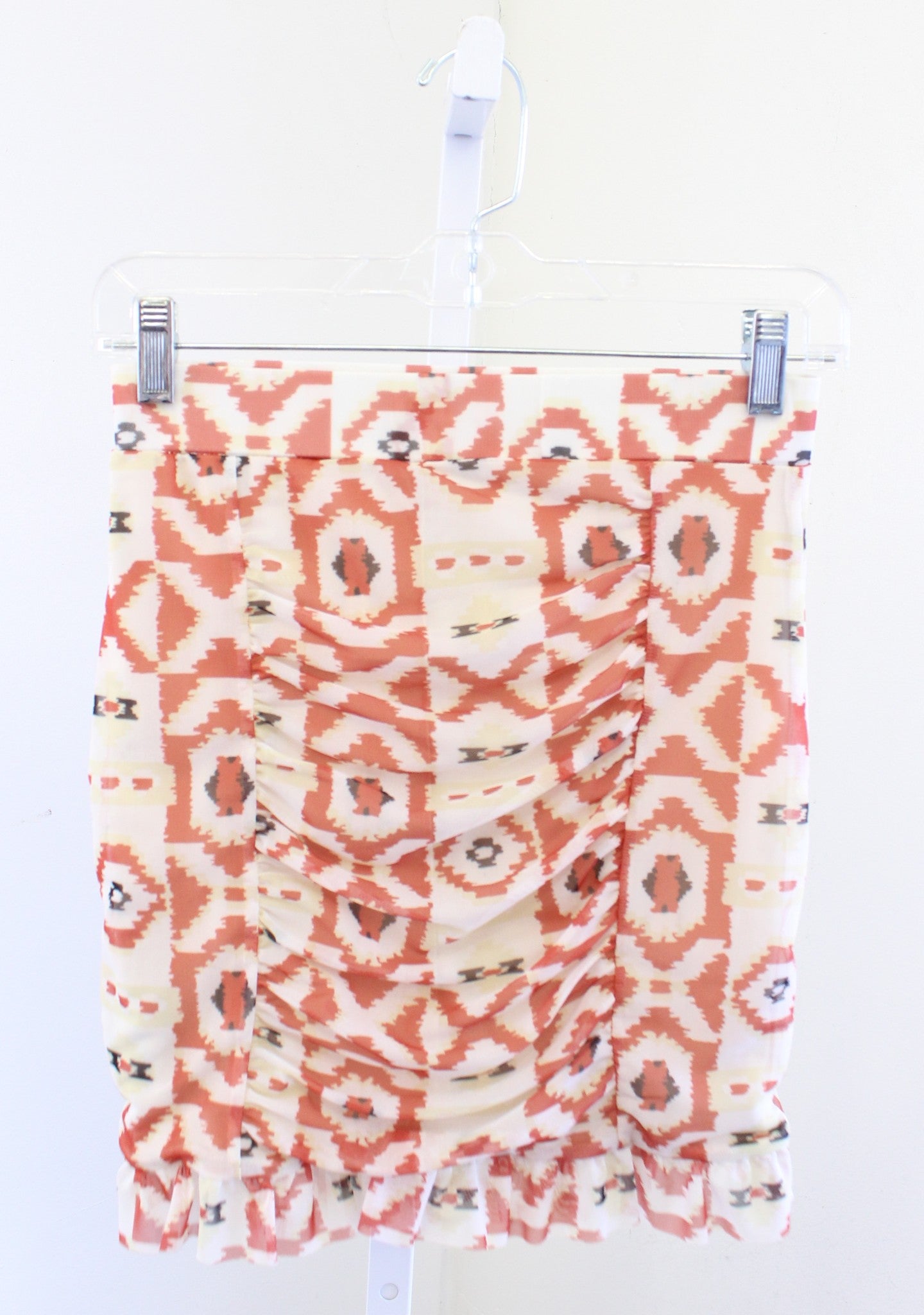 NWT Free People Romi Mesh Ruched Ruffle Hem Mini Skirt Size XS Geometric Aztec