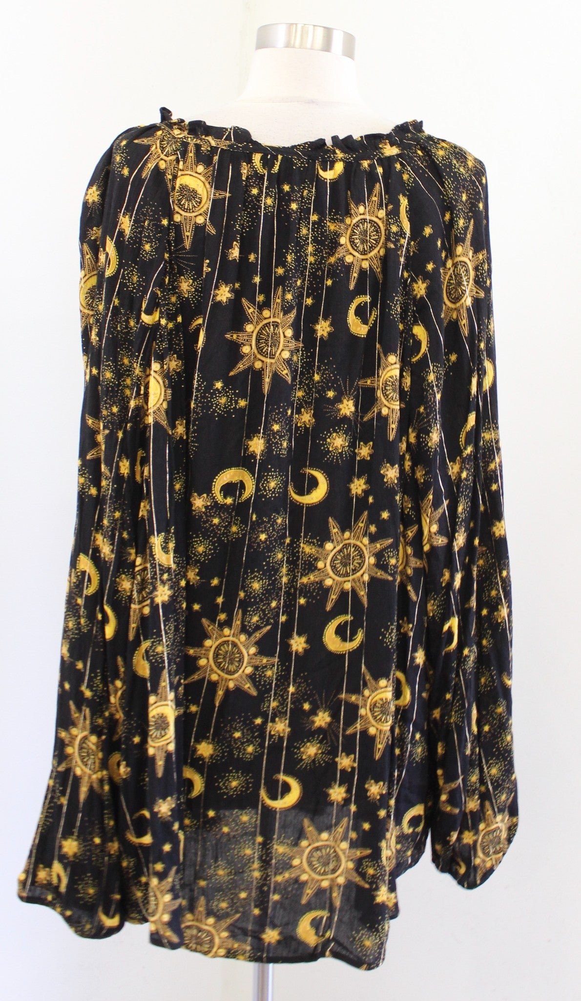 Torrid Black Yellow Gold Moon Star Print Button Front Tie Neck Top Blouse 5x 5