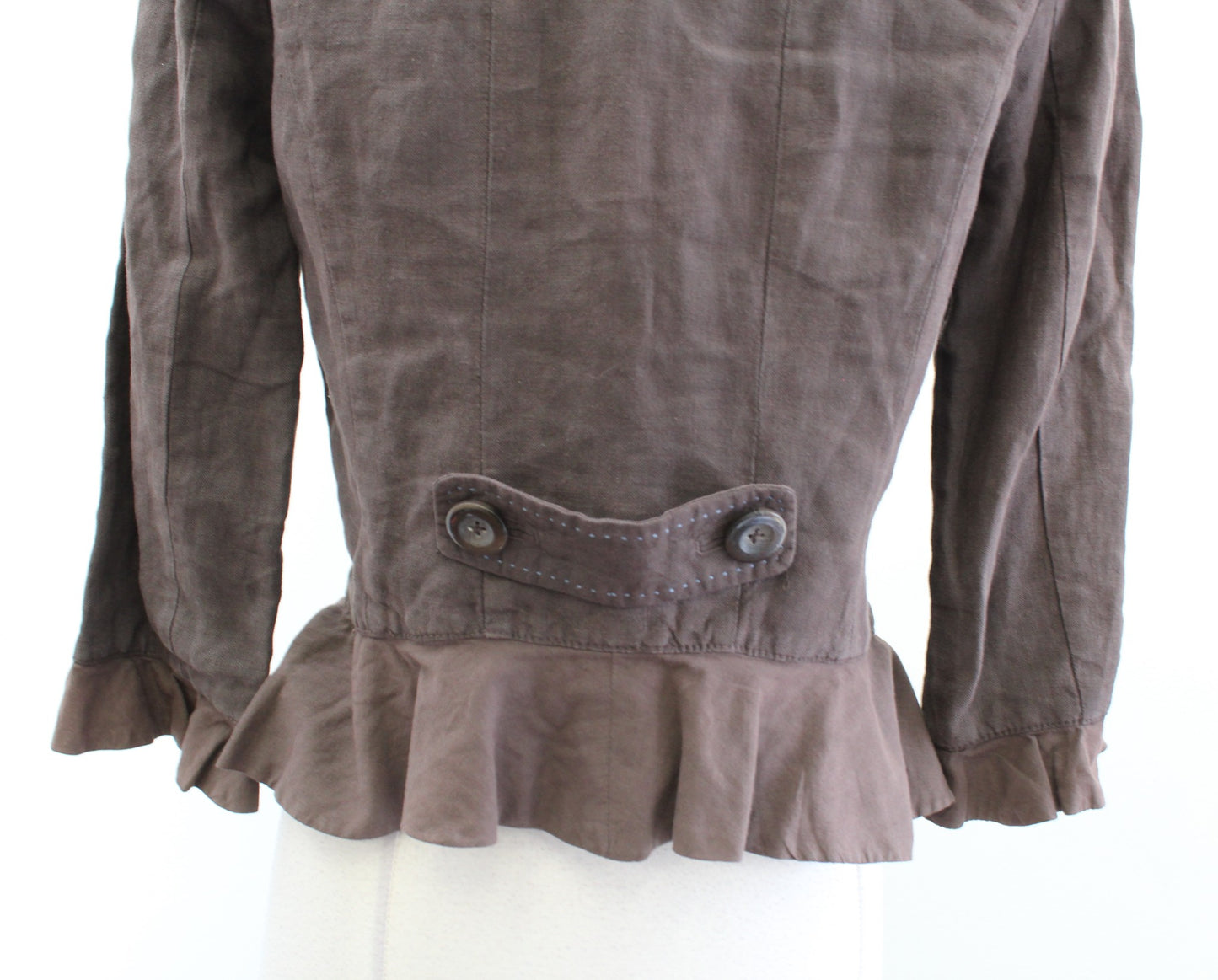 Cidra Anthropologie Brown 100% Linen Stand Collar Ruffle Peplum Blazer Jacket 6