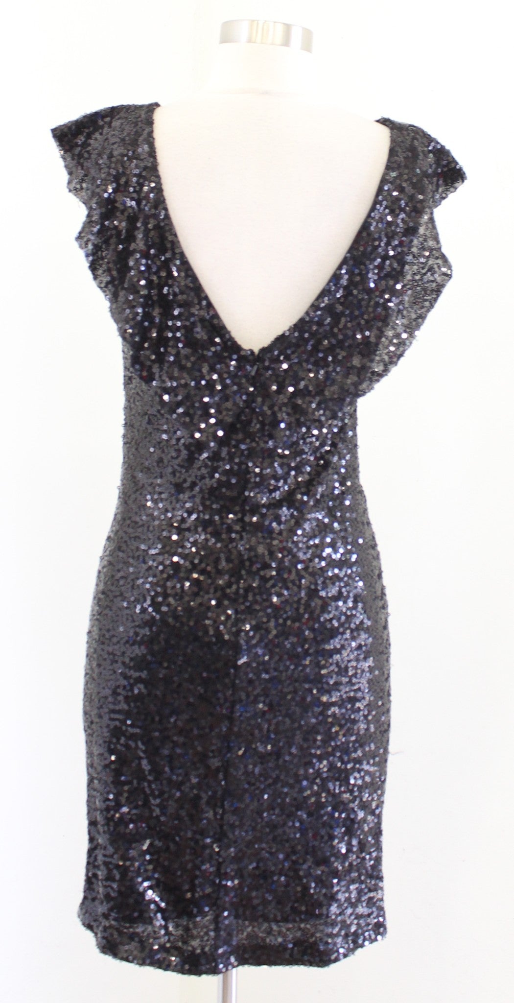 NWT $330 Badgley Mischka Mark James Black Sequin Ruched Ruffle Party Dress Sz L